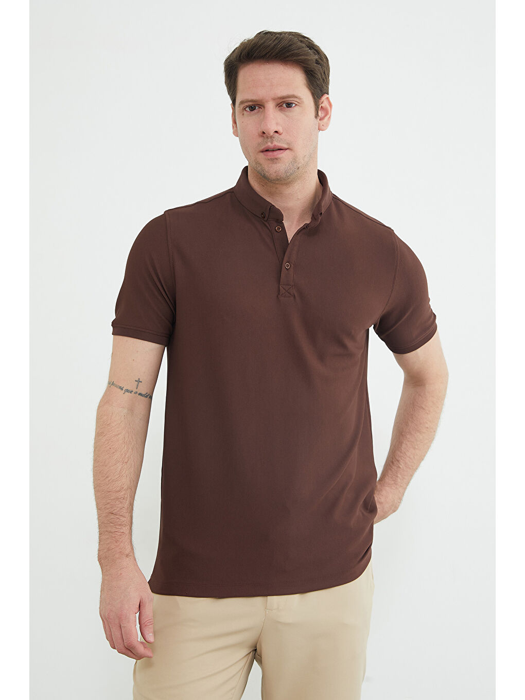 Kahverengi Polo Yaka Ottoman Kumaş Regular Tişört