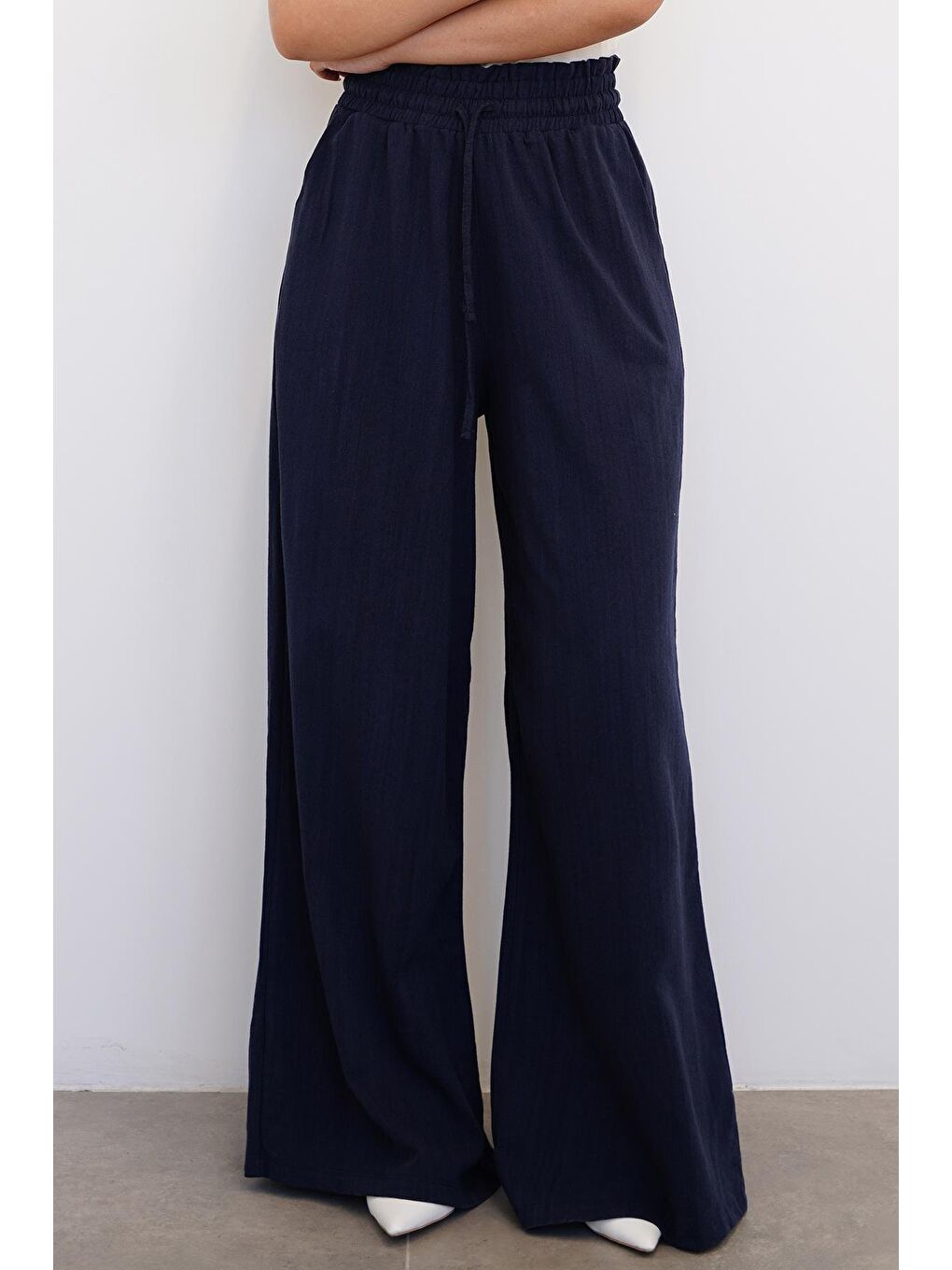 Lacivert Beli Büzgülü Bol Paça Kadın Pantolon Mg2011-5
