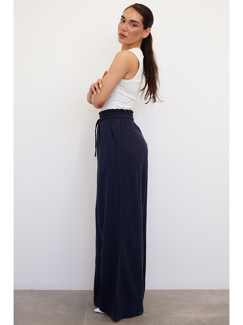 Lacivert Beli Büzgülü Bol Paça Kadın Pantolon Mg2011-6