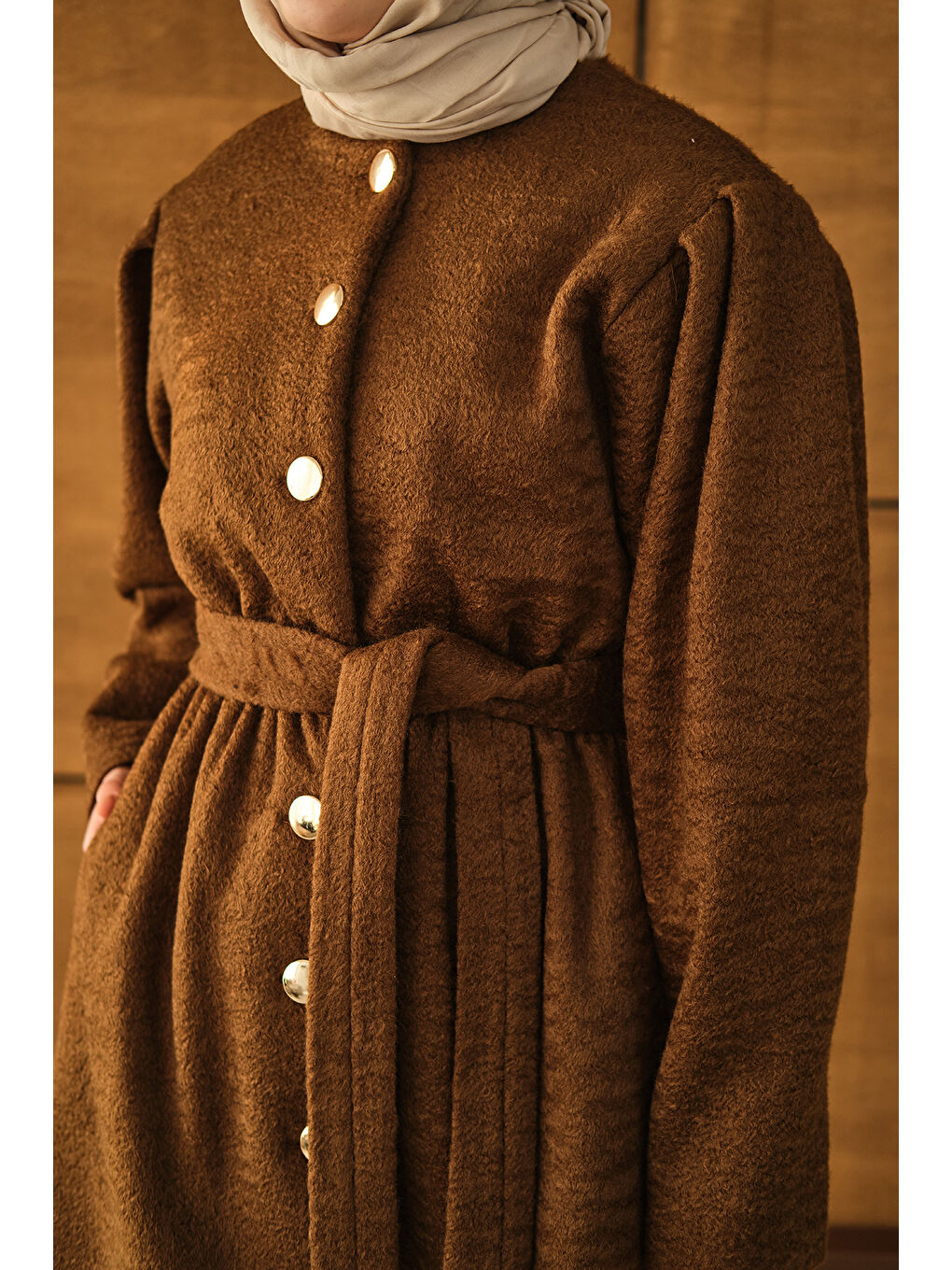 Kadın Beli Lastikli Pelüş Kaşe Kaban Kahverengi-2