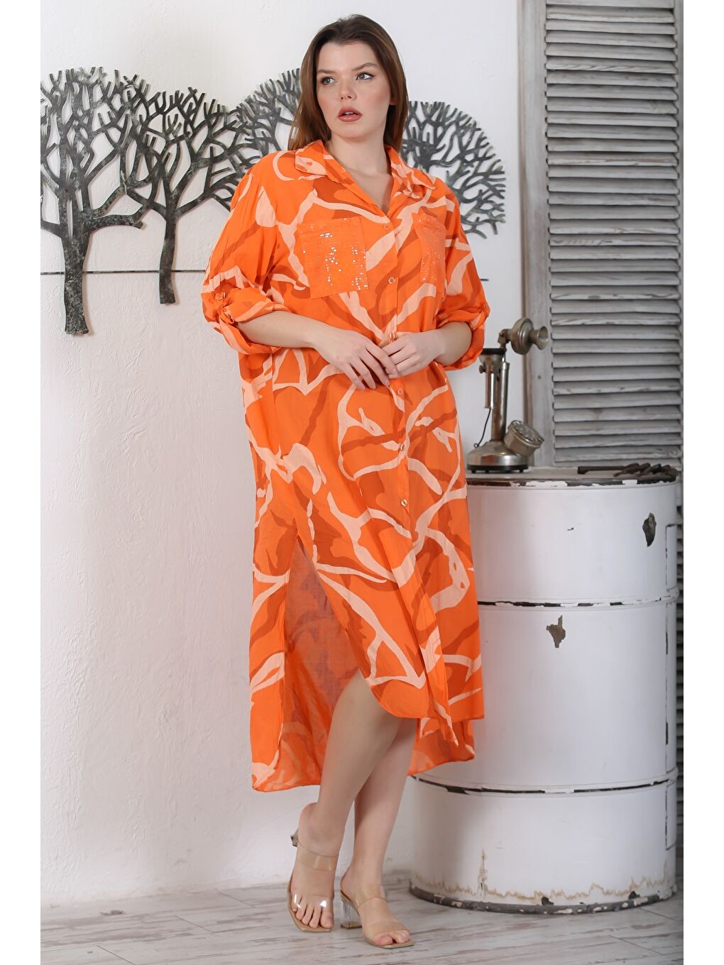 İtalyan Turuncu Gömlek Yaka Düğmeli Uzun Kollu Cepli Pul Payetli Dokuma Yazlık Elbise 130 65-1