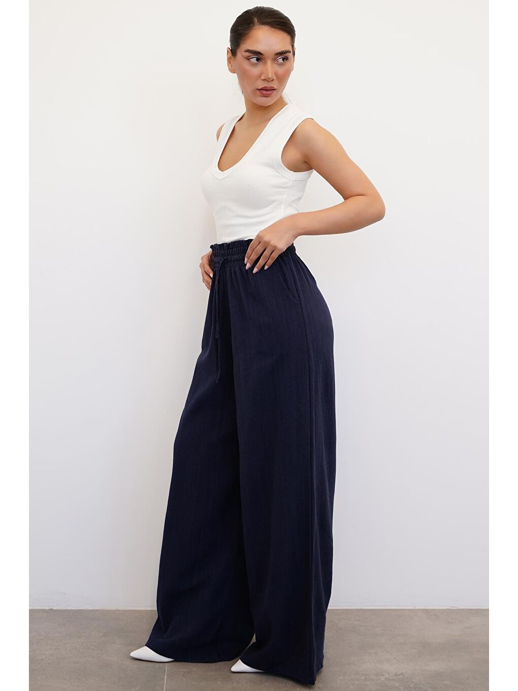 Lacivert Beli Büzgülü Bol Paça Kadın Pantolon Mg2011-7