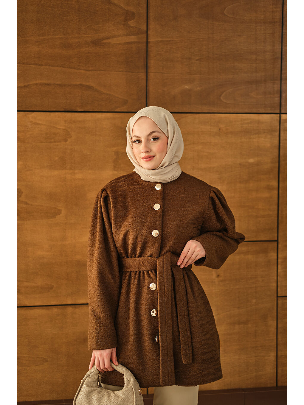 Kadın Beli Lastikli Pelüş Kaşe Kaban Kahverengi-3