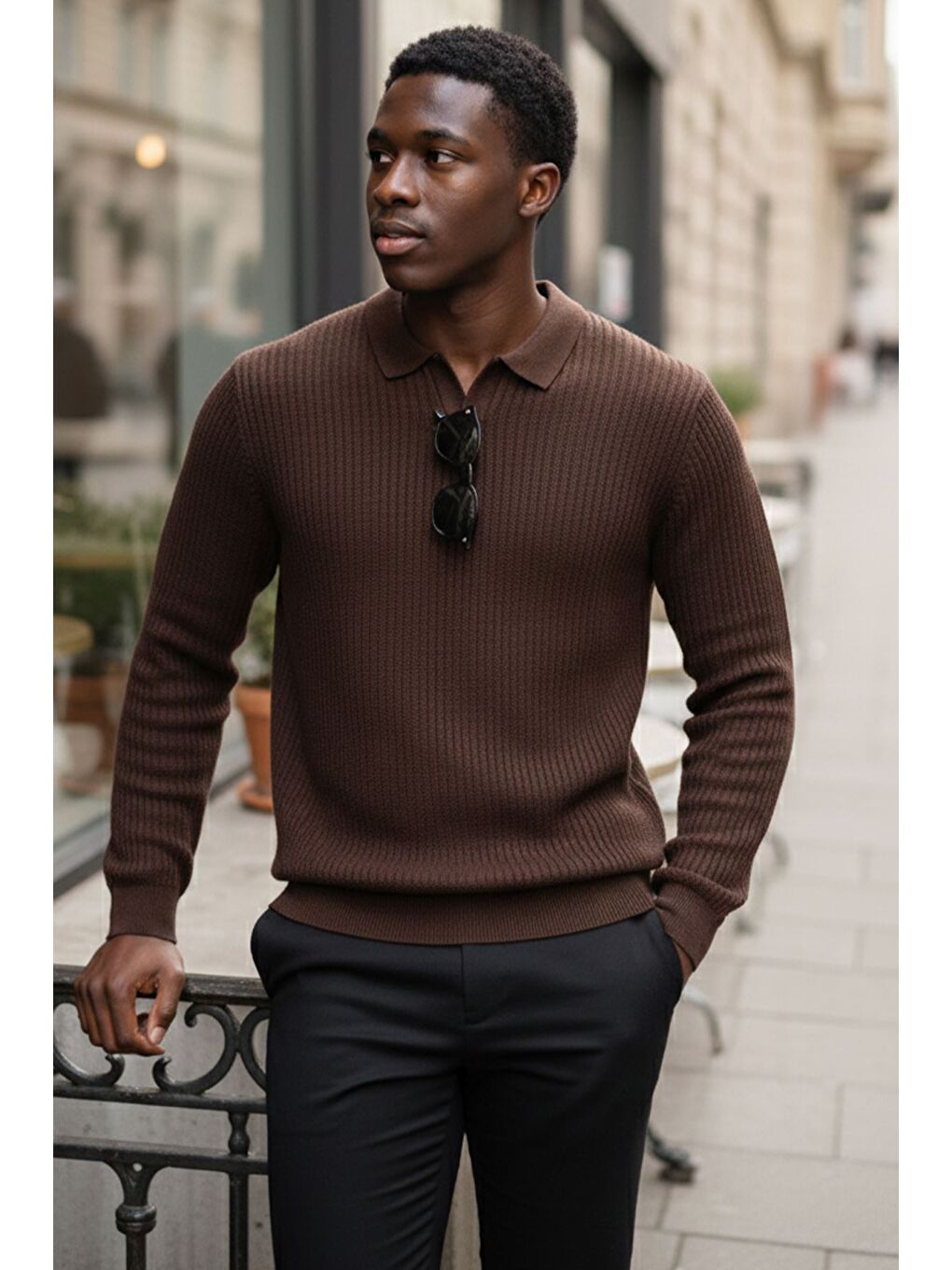 Kahverengi Erkek Polo Yaka Elastanlı Triko Kazak-1