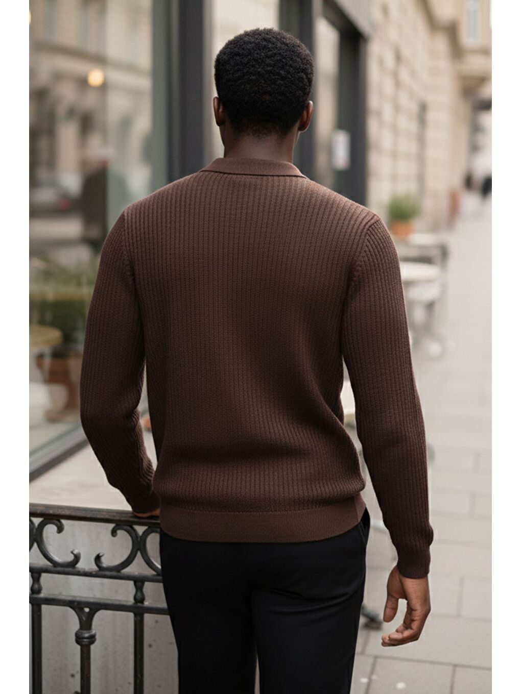 Kahverengi Erkek Polo Yaka Elastanlı Triko Kazak-2