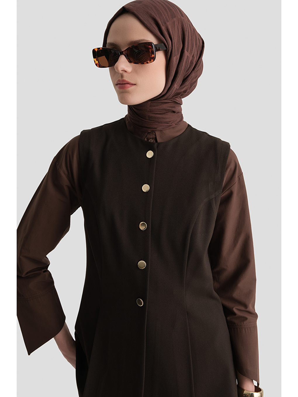 Fitted Yelekli Takım Kahverengi-3