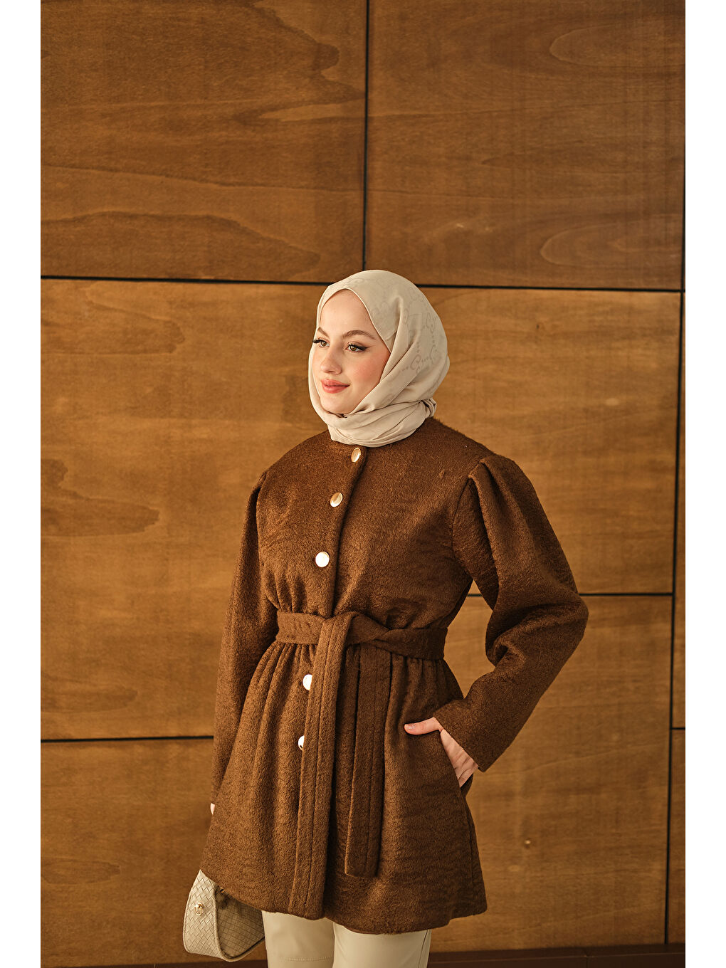 Kadın Beli Lastikli Pelüş Kaşe Kaban Kahverengi-4