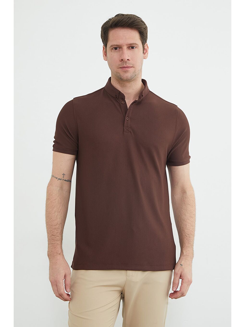 Kahverengi Polo Yaka Ottoman Kumaş Regular Tişört-1