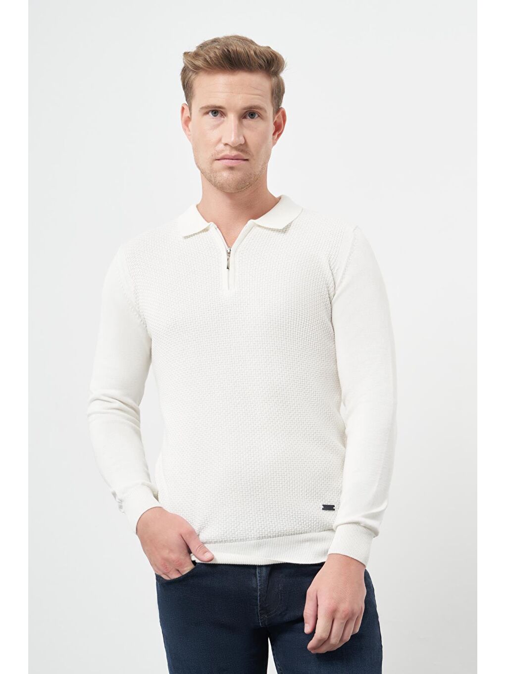 Beyaz Uzun Kol Kendinden Düz Örme Polo Yaka Classic Comfort Fit Triko 1012245156