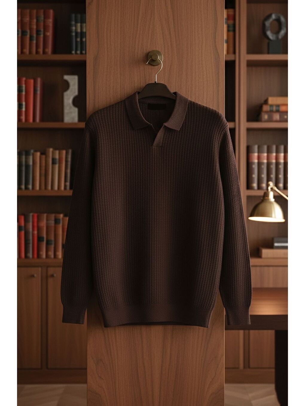 Kahverengi Erkek Polo Yaka Elastanlı Triko Kazak-3