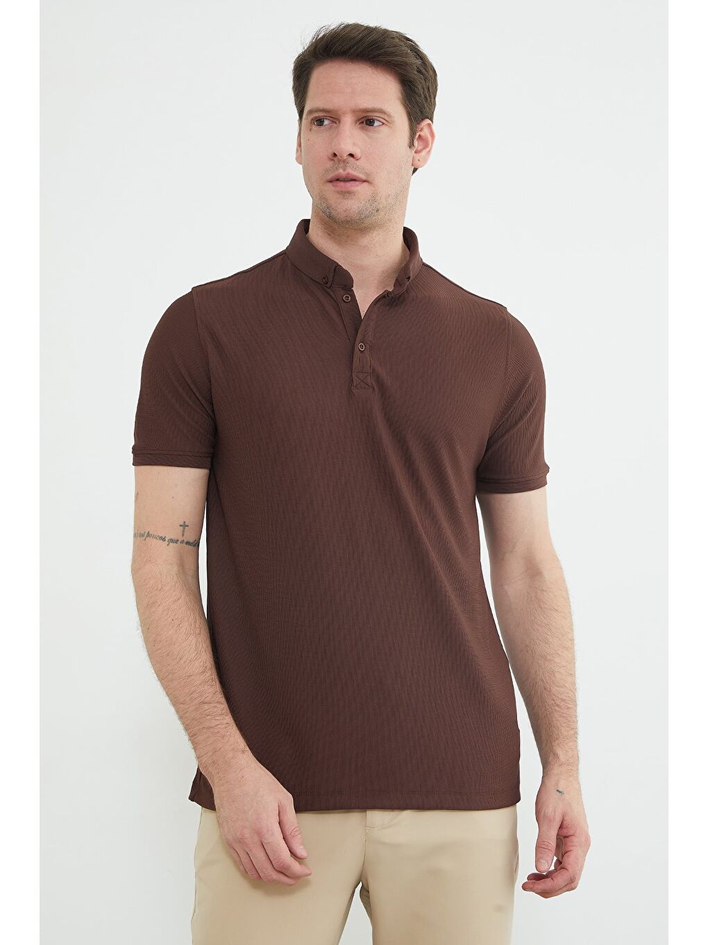 Kahverengi Polo Yaka Ottoman Kumaş Regular Tişört-3