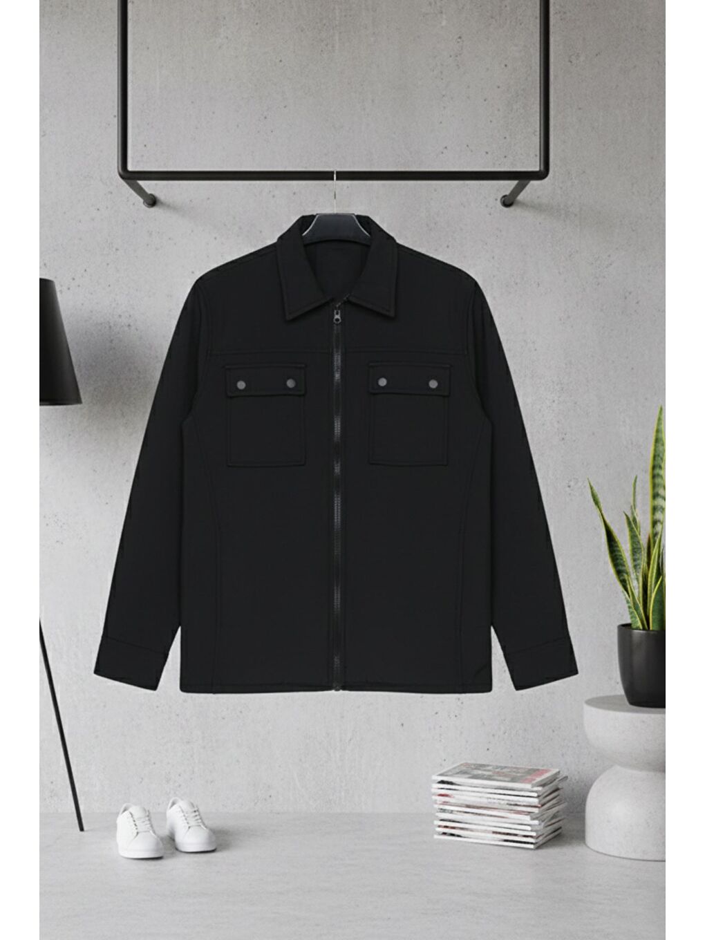 Siyah Erkek Ön Fermuarlı Çift Cepli Mevsimlik Mont-2