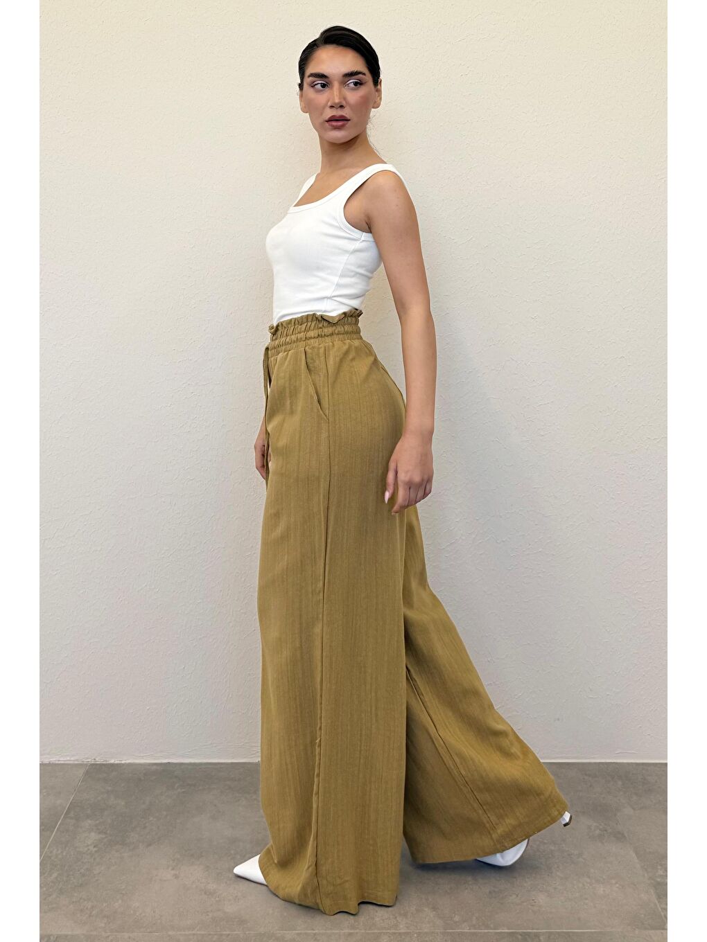 Sarı Hardal Beli Büzgülü Bol Paça Kadın Pantolon Mg2011-1