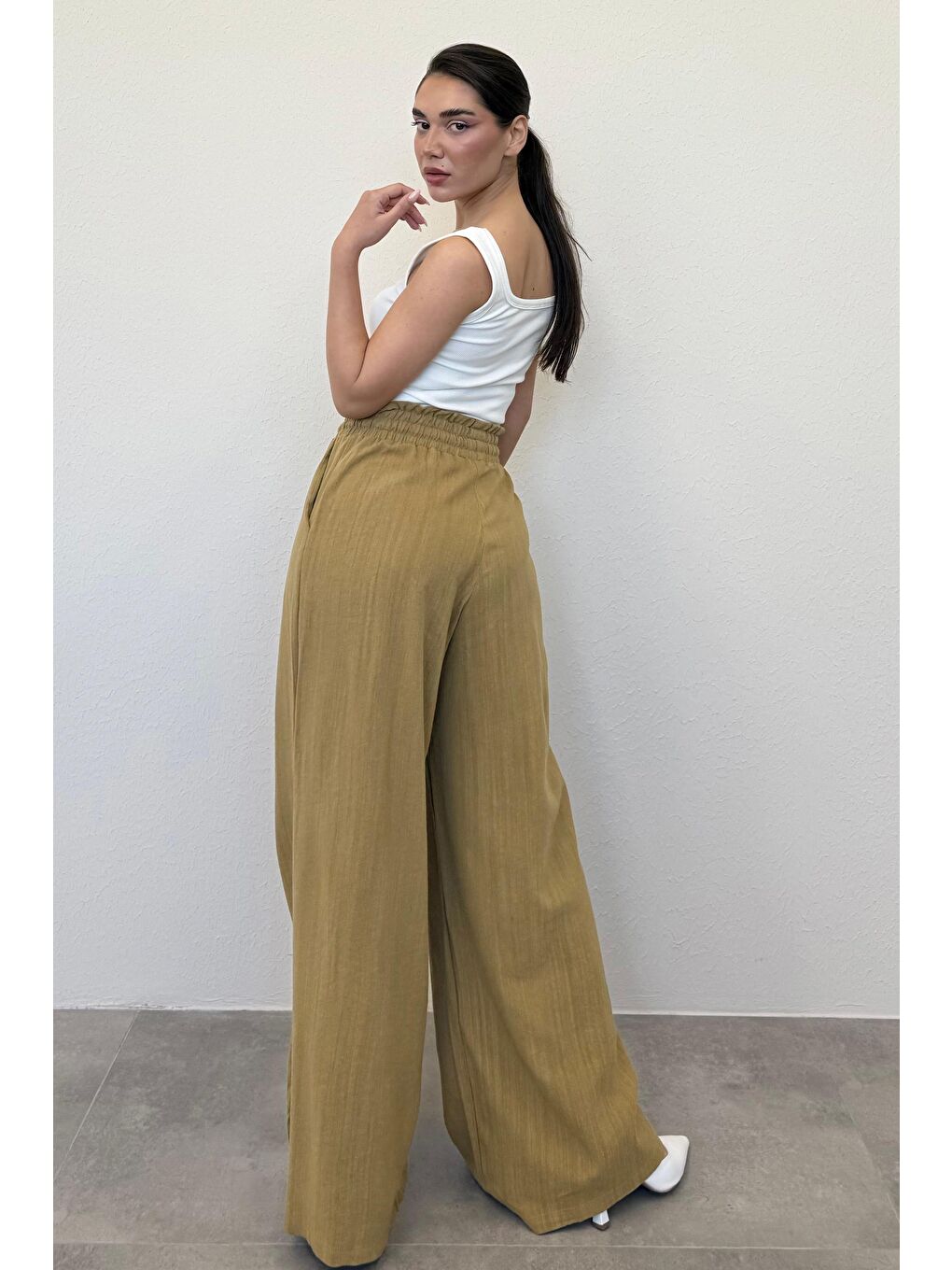 Sarı Hardal Beli Büzgülü Bol Paça Kadın Pantolon Mg2011-2