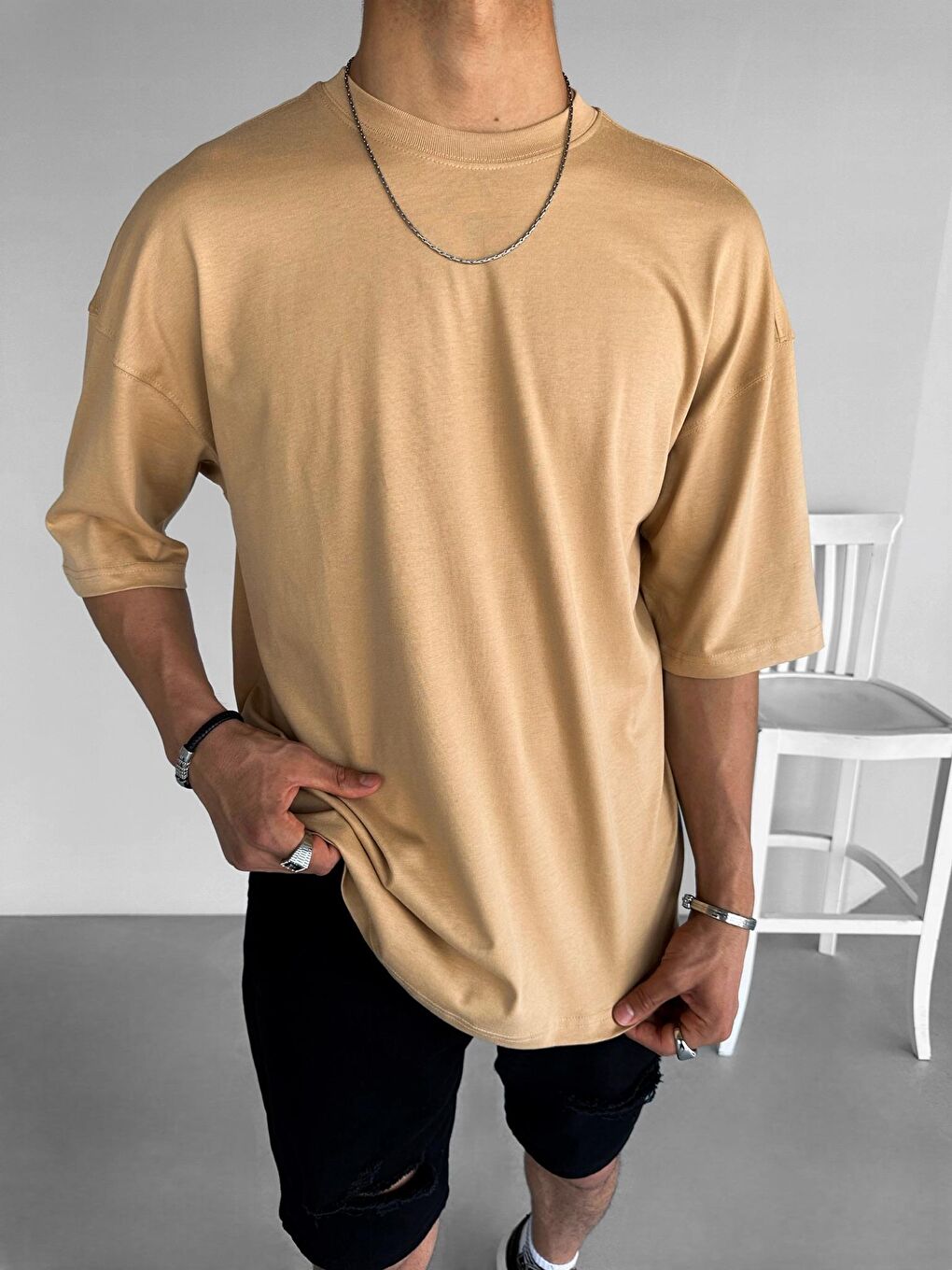 ablukaonline Açık Kahve Erkek Oversize Basic T-Shirt Açık Kahve