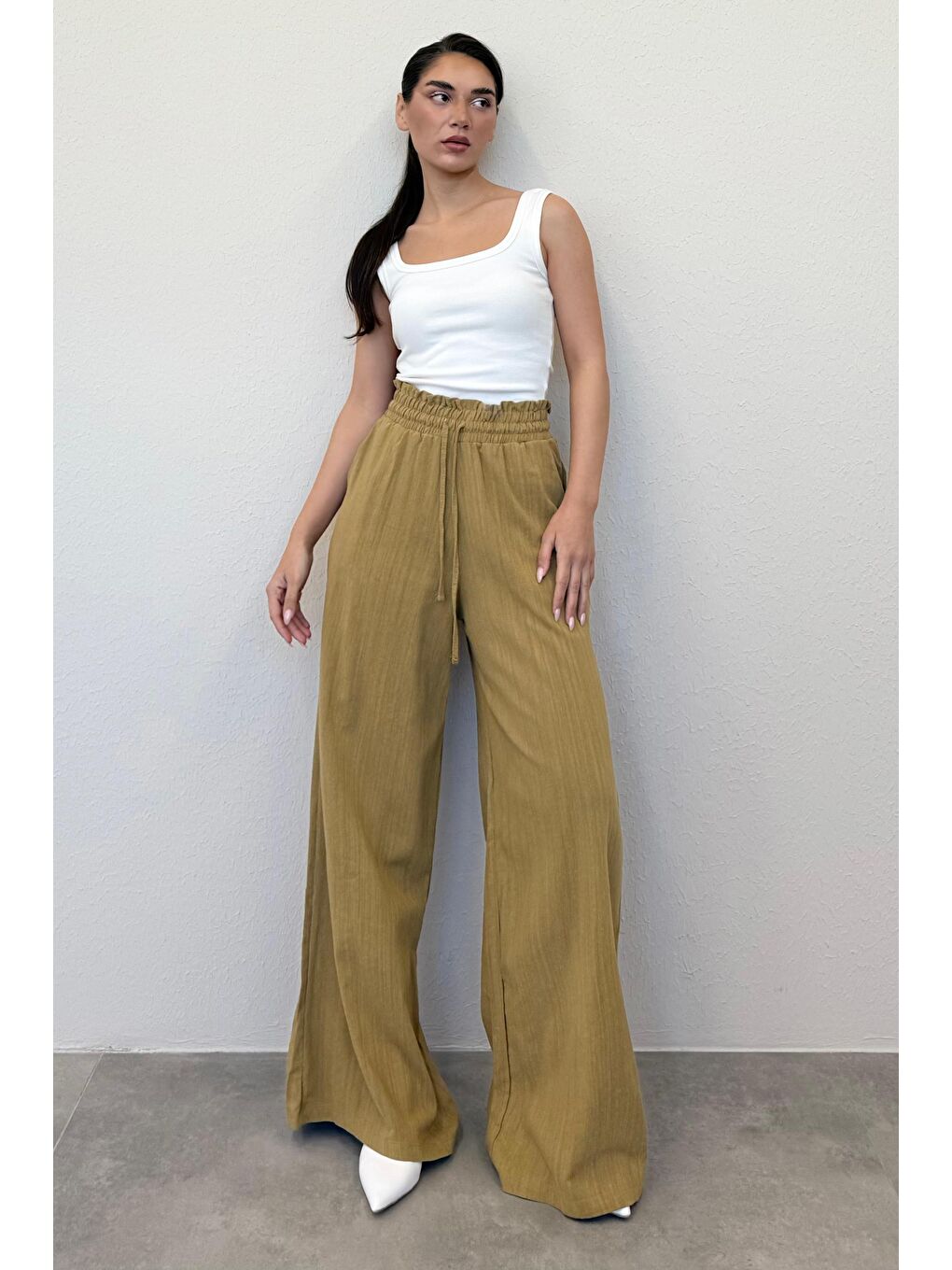Sarı Hardal Beli Büzgülü Bol Paça Kadın Pantolon Mg2011-3
