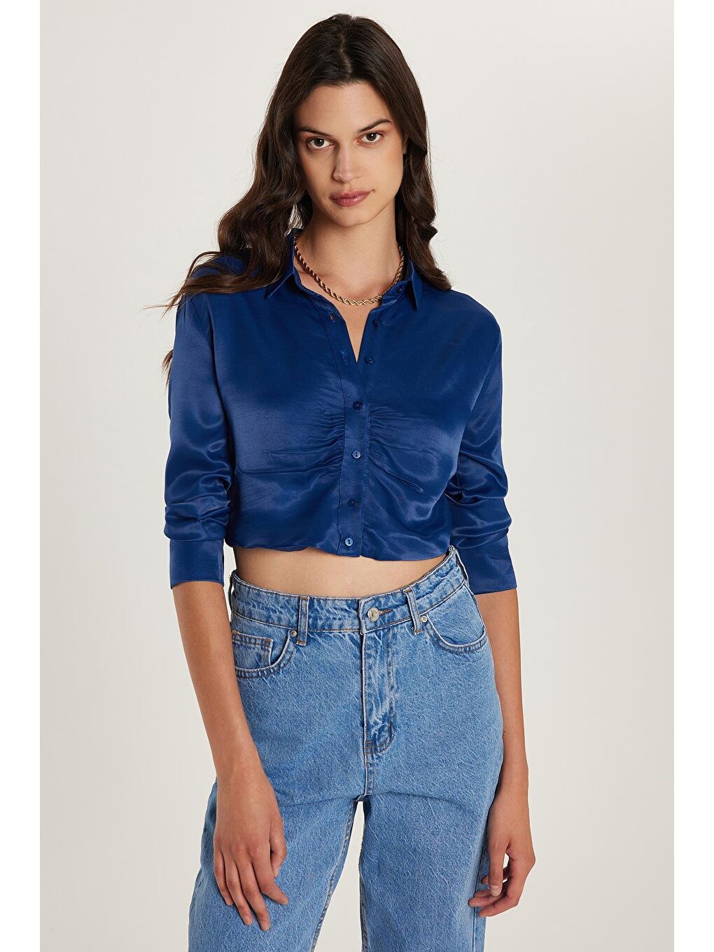 Kadın Slim Fit Dar Kesim Uzun Kollu  Klasik Yaka Lacivert Gömlek-1