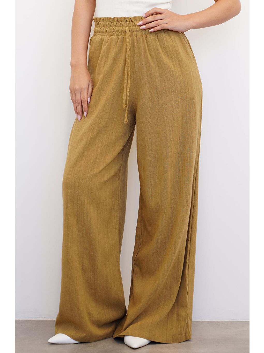 Sarı Hardal Beli Büzgülü Bol Paça Kadın Pantolon Mg2011-4