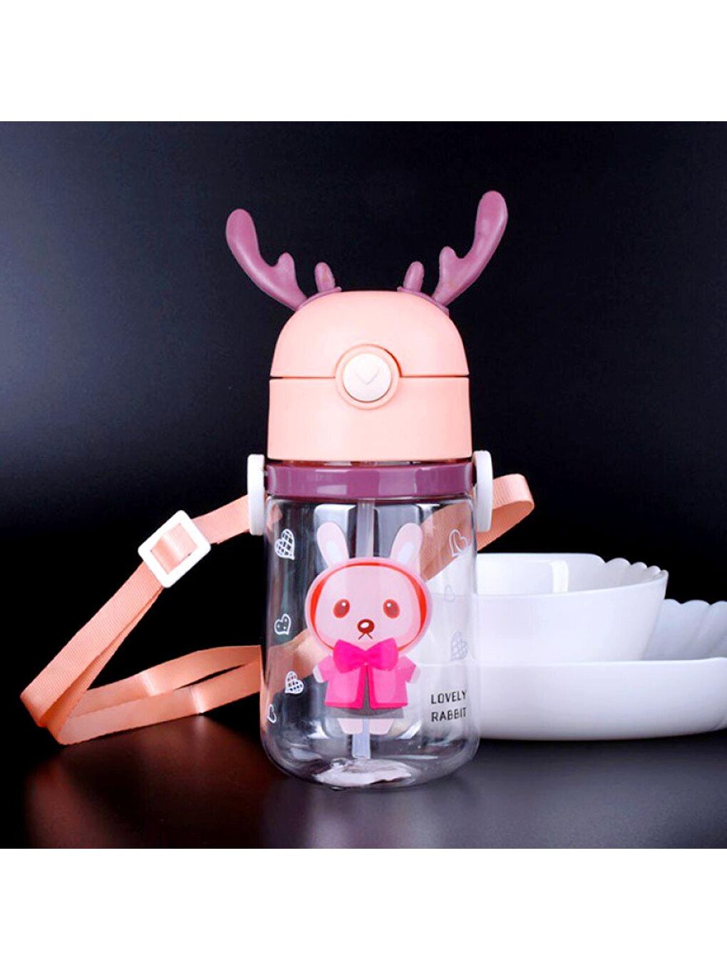 Geyik Figürlü Pipetli Taşıma Askılı Çocuk Matarası 550 Ml Sevimli Tavşan-1