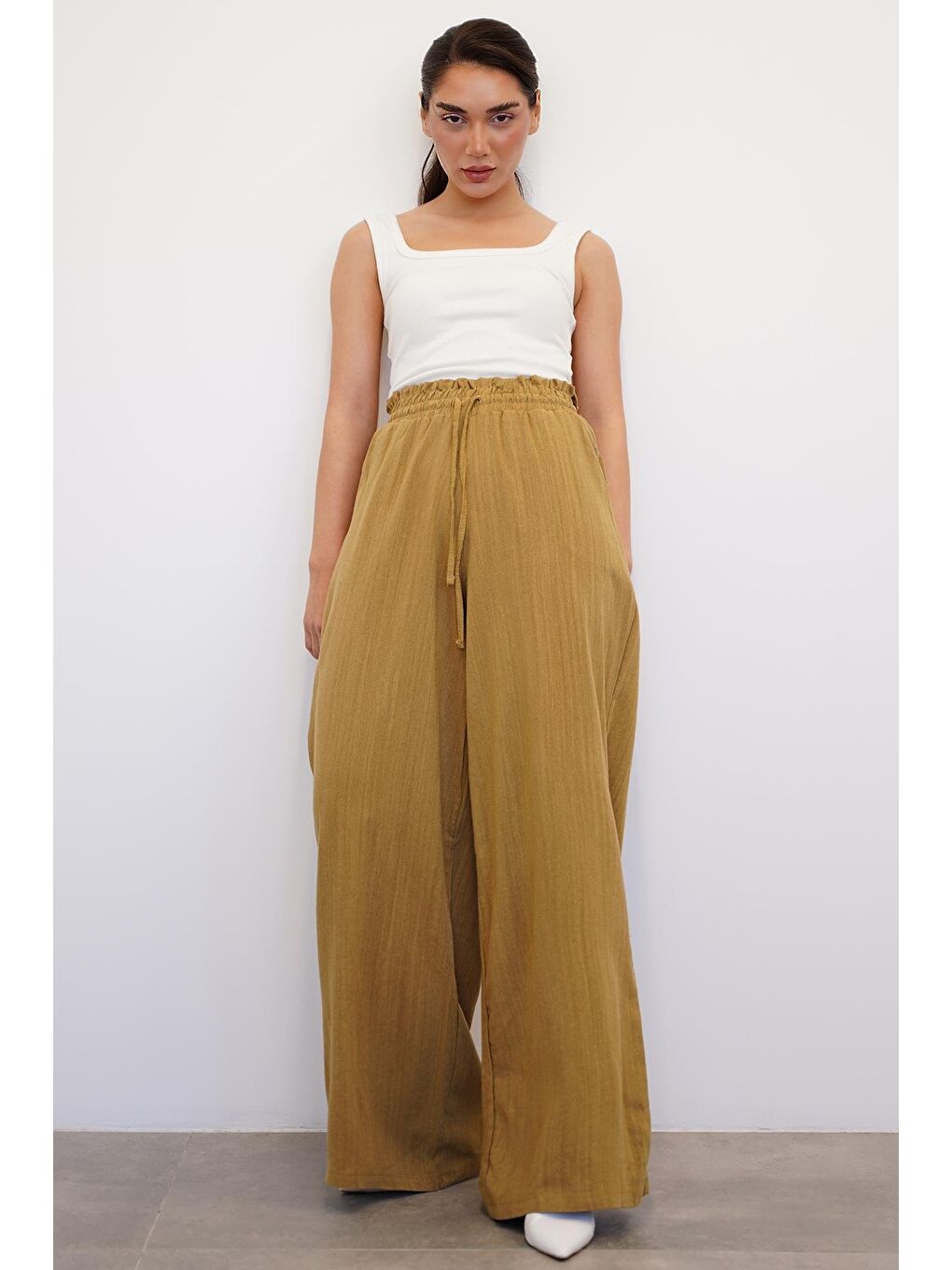 Sarı Hardal Beli Büzgülü Bol Paça Kadın Pantolon Mg2011-5