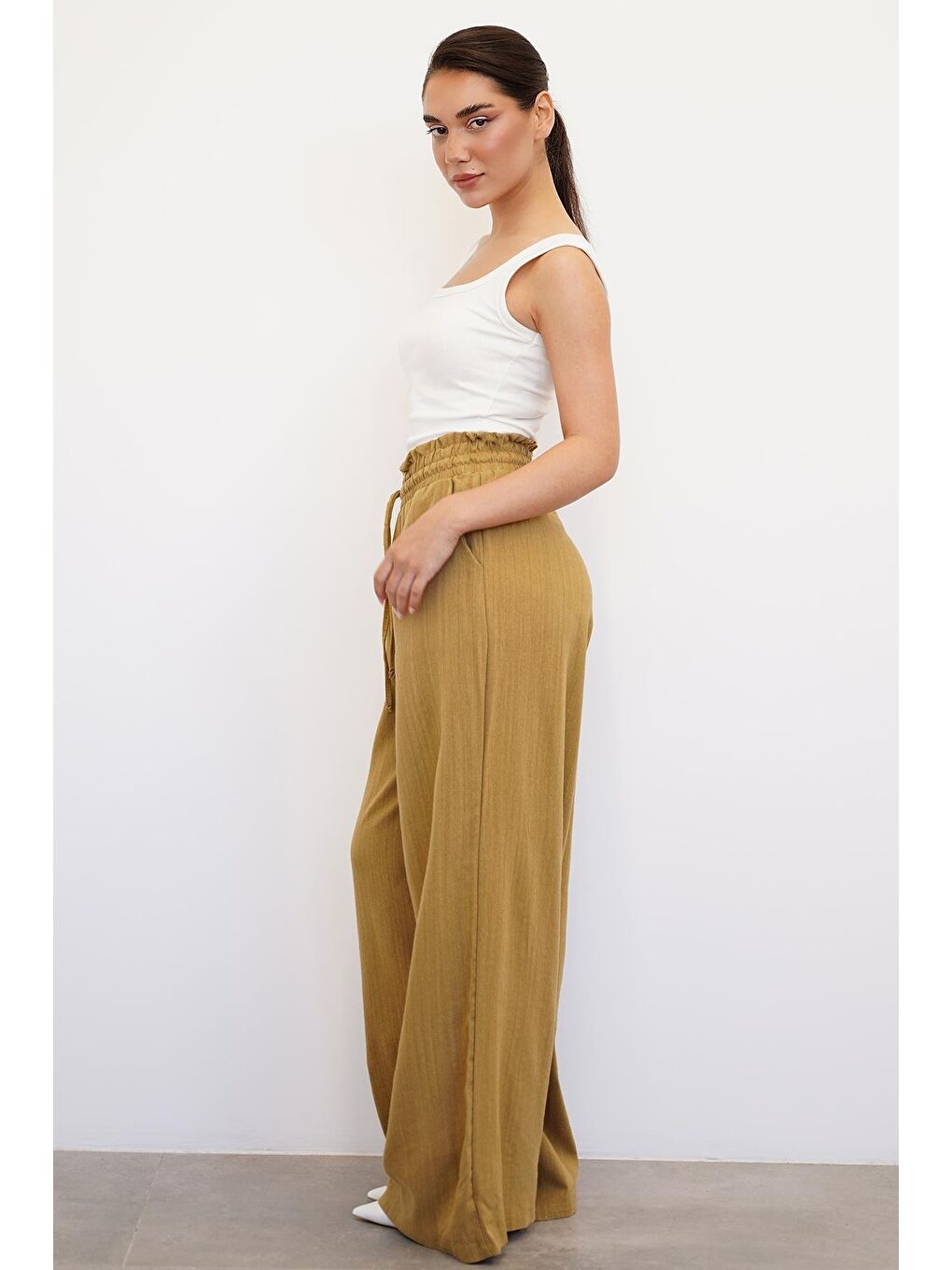 Sarı Hardal Beli Büzgülü Bol Paça Kadın Pantolon Mg2011-6