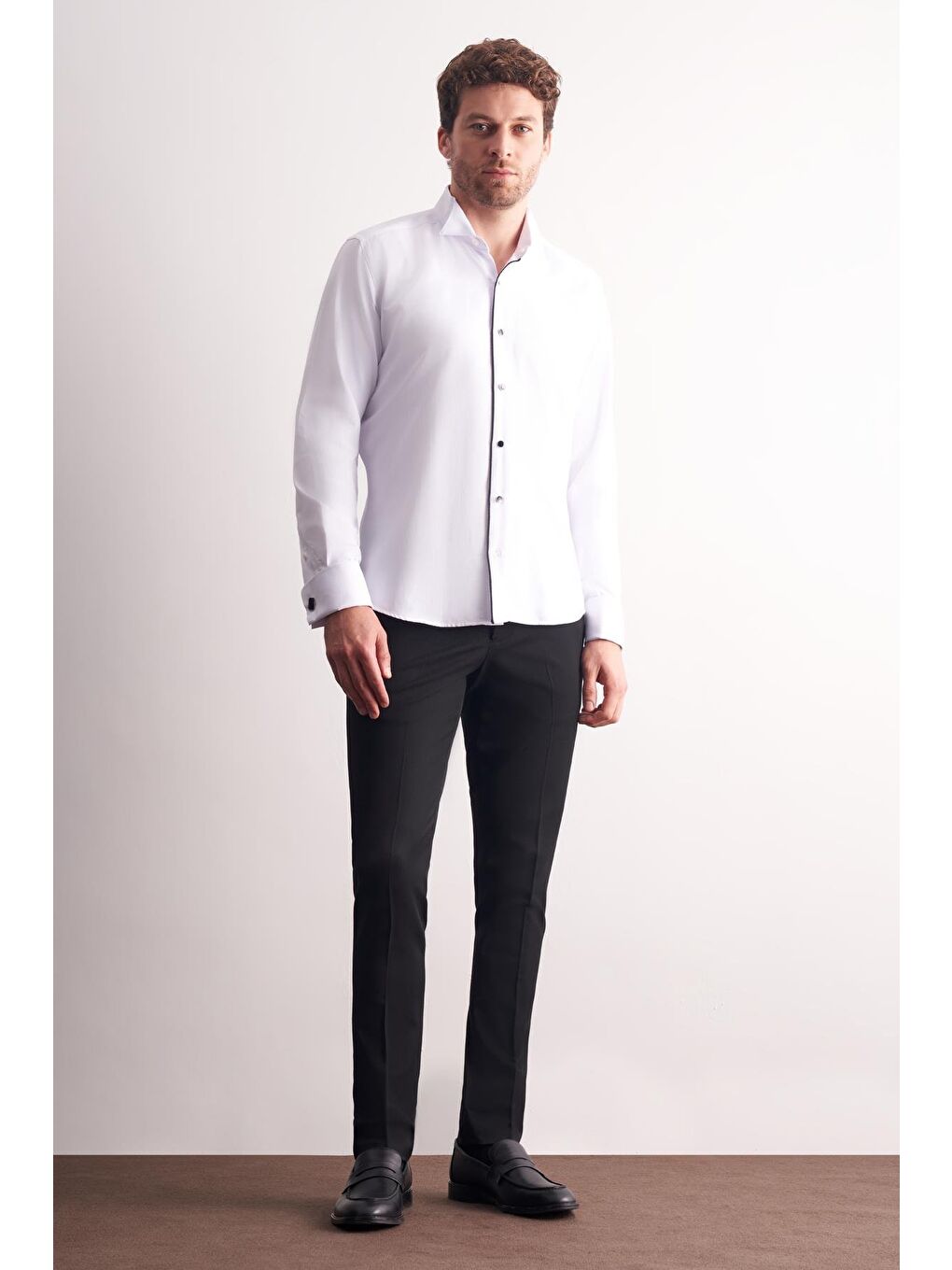 Beyaz Uzun Kol Ata Yaka Düz Pamuklu Slim Fit Gömlek 1004255215-1