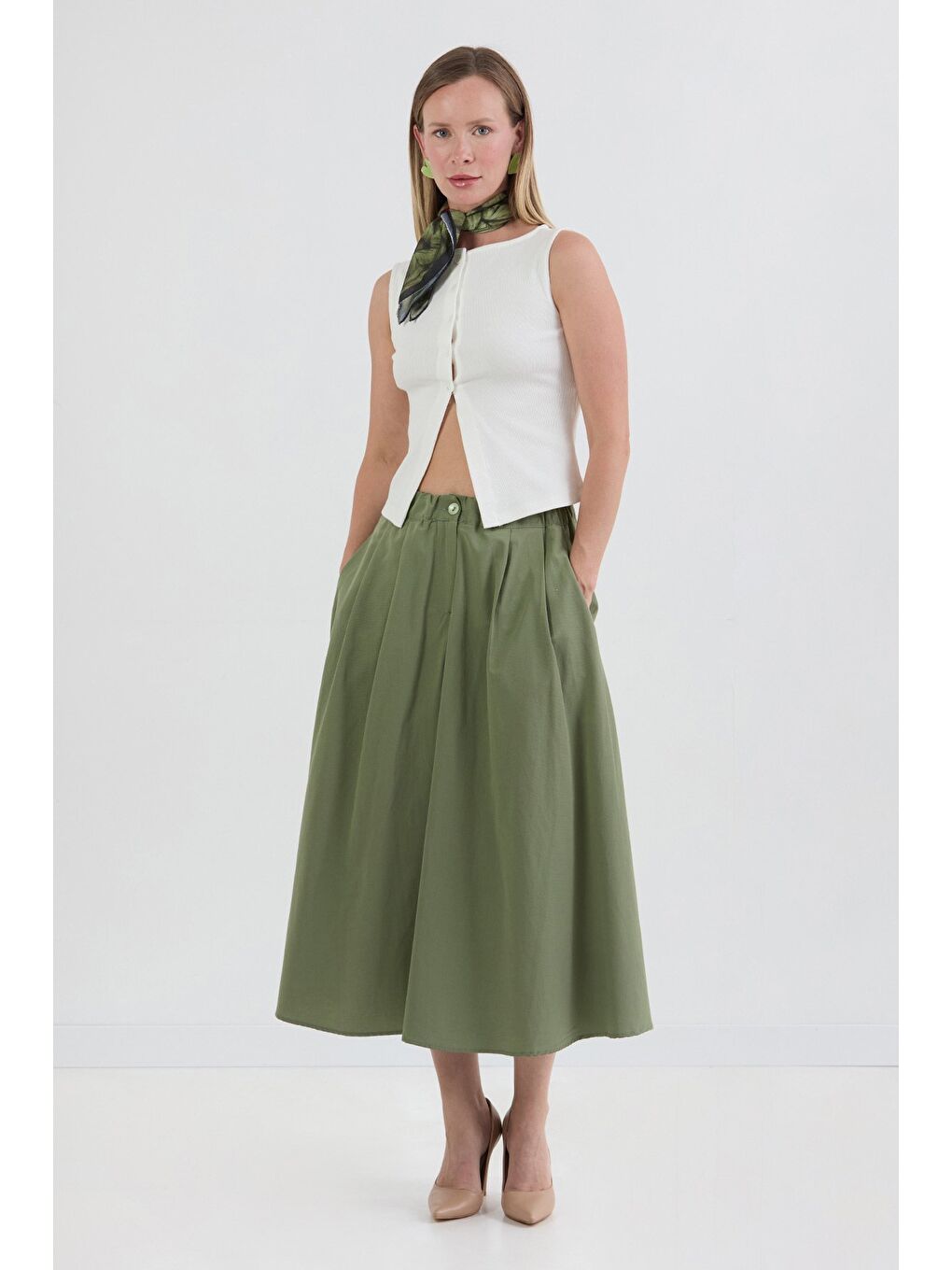 Haki Beli Lastikli Düğmeli Fermuarlı Terikoton Etek