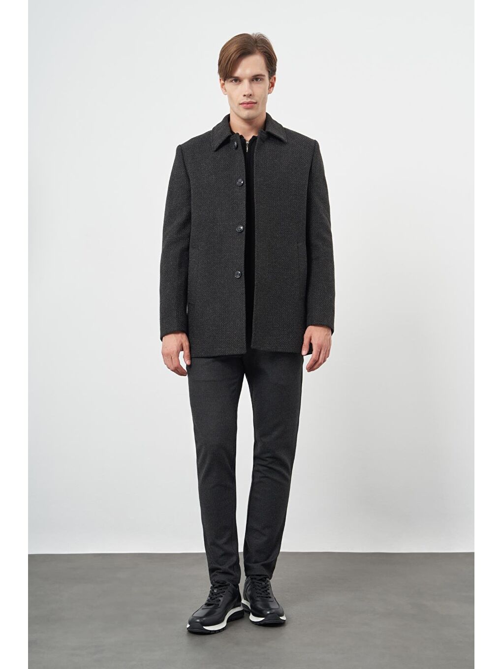 Koyu Antrasit Kaşe Bebe Yaka Kendinden Sırt Kapitoneli Astar Comfort Fit Classic Kaban 1008245154-1