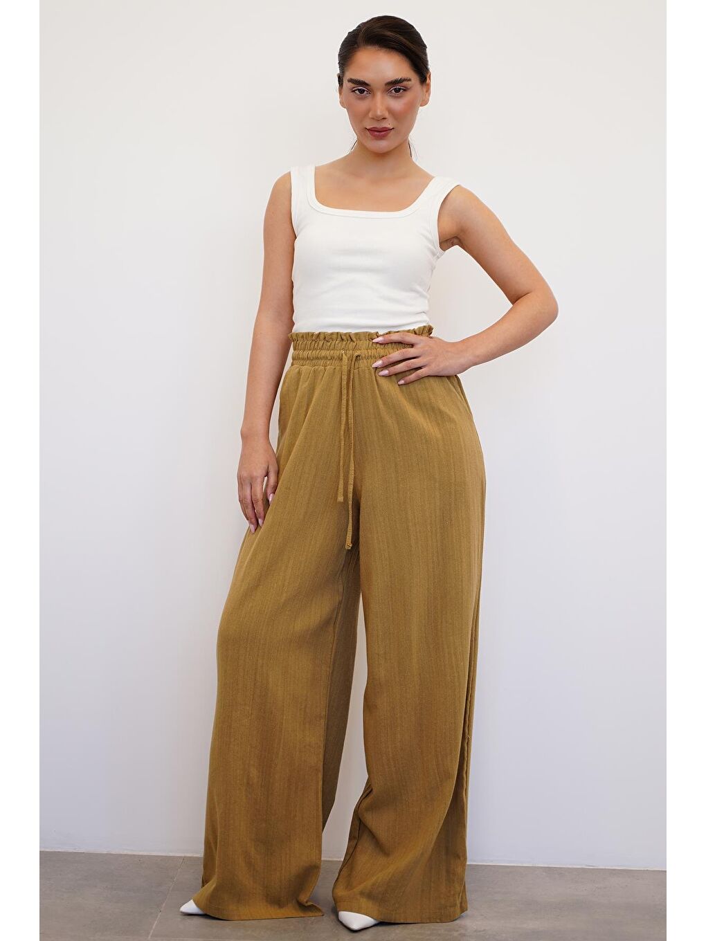 Sarı Hardal Beli Büzgülü Bol Paça Kadın Pantolon Mg2011-7