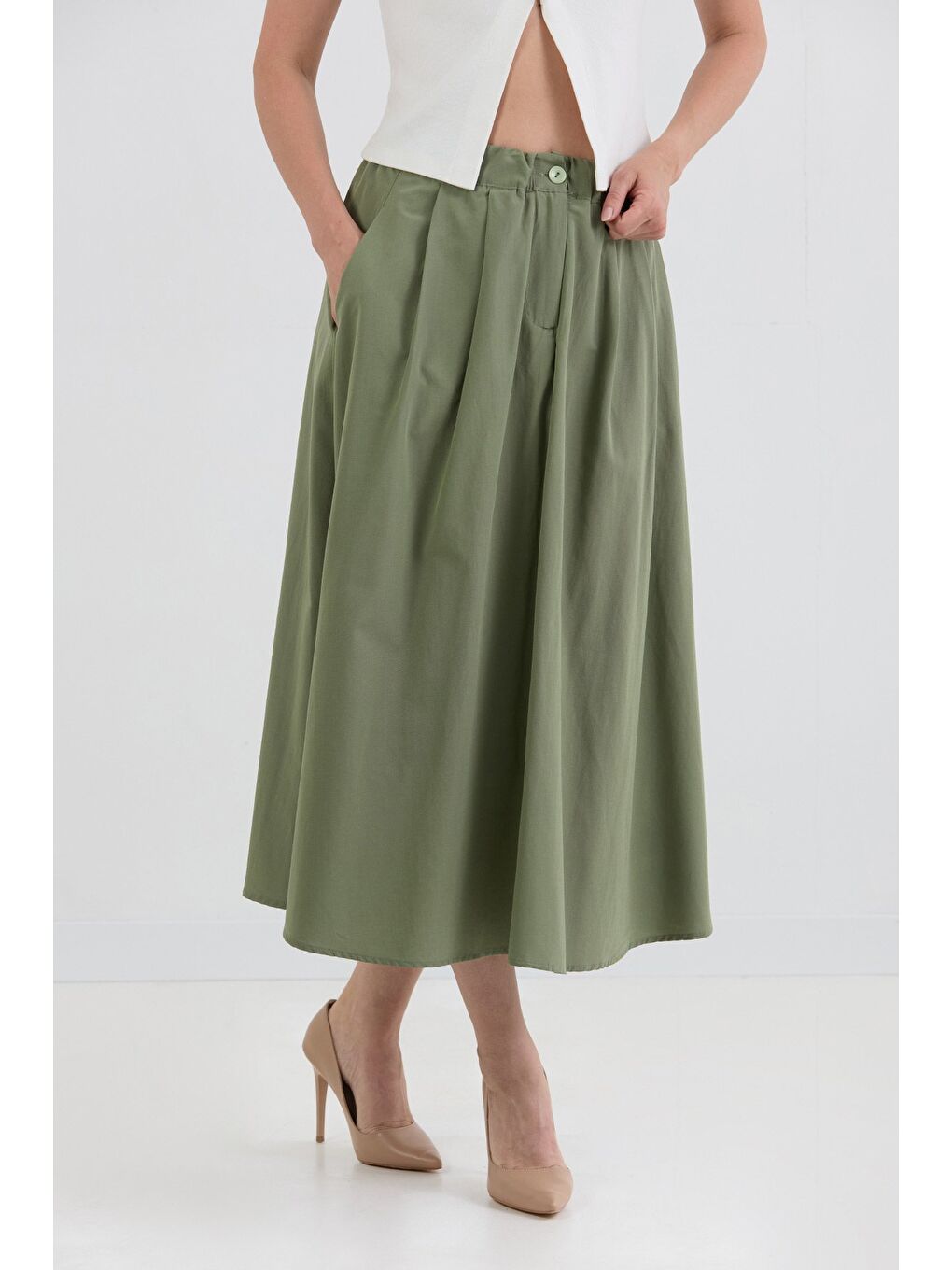 Haki Beli Lastikli Düğmeli Fermuarlı Terikoton Etek-1