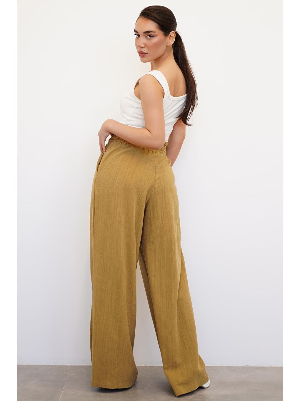 Sarı Hardal Beli Büzgülü Bol Paça Kadın Pantolon Mg2011-8