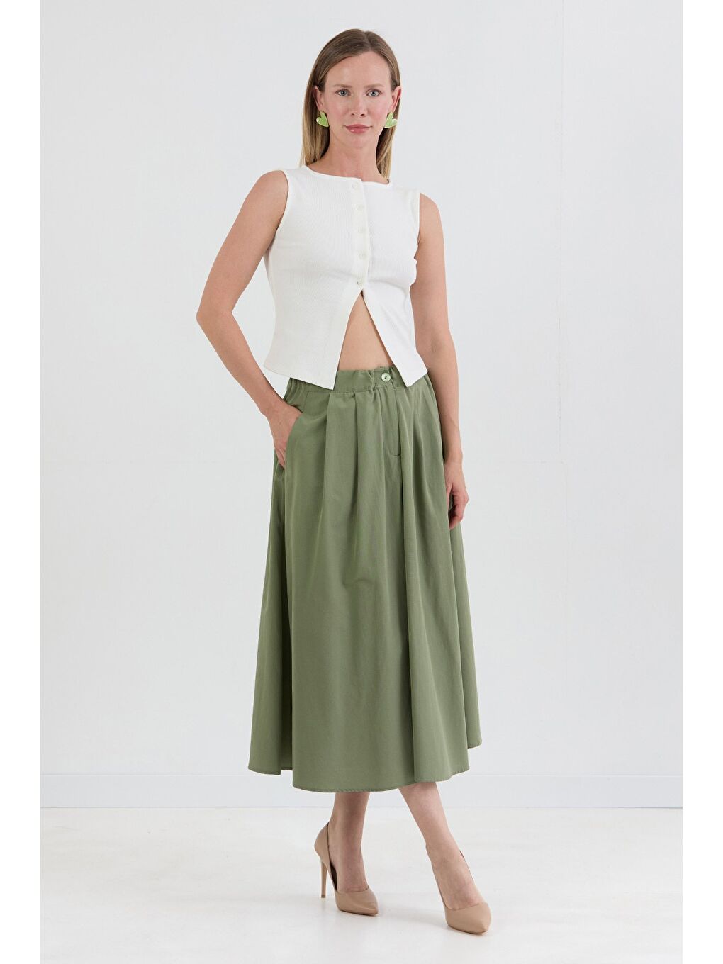 Haki Beli Lastikli Düğmeli Fermuarlı Terikoton Etek-2