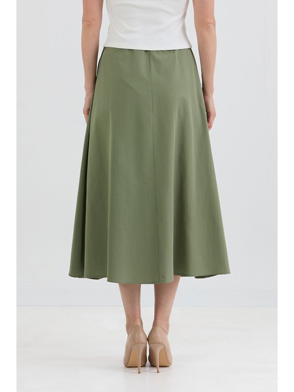 Haki Beli Lastikli Düğmeli Fermuarlı Terikoton Etek-3