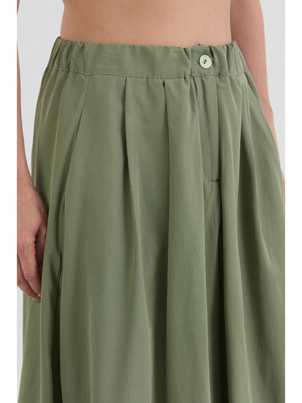 Haki Beli Lastikli Düğmeli Fermuarlı Terikoton Etek-4