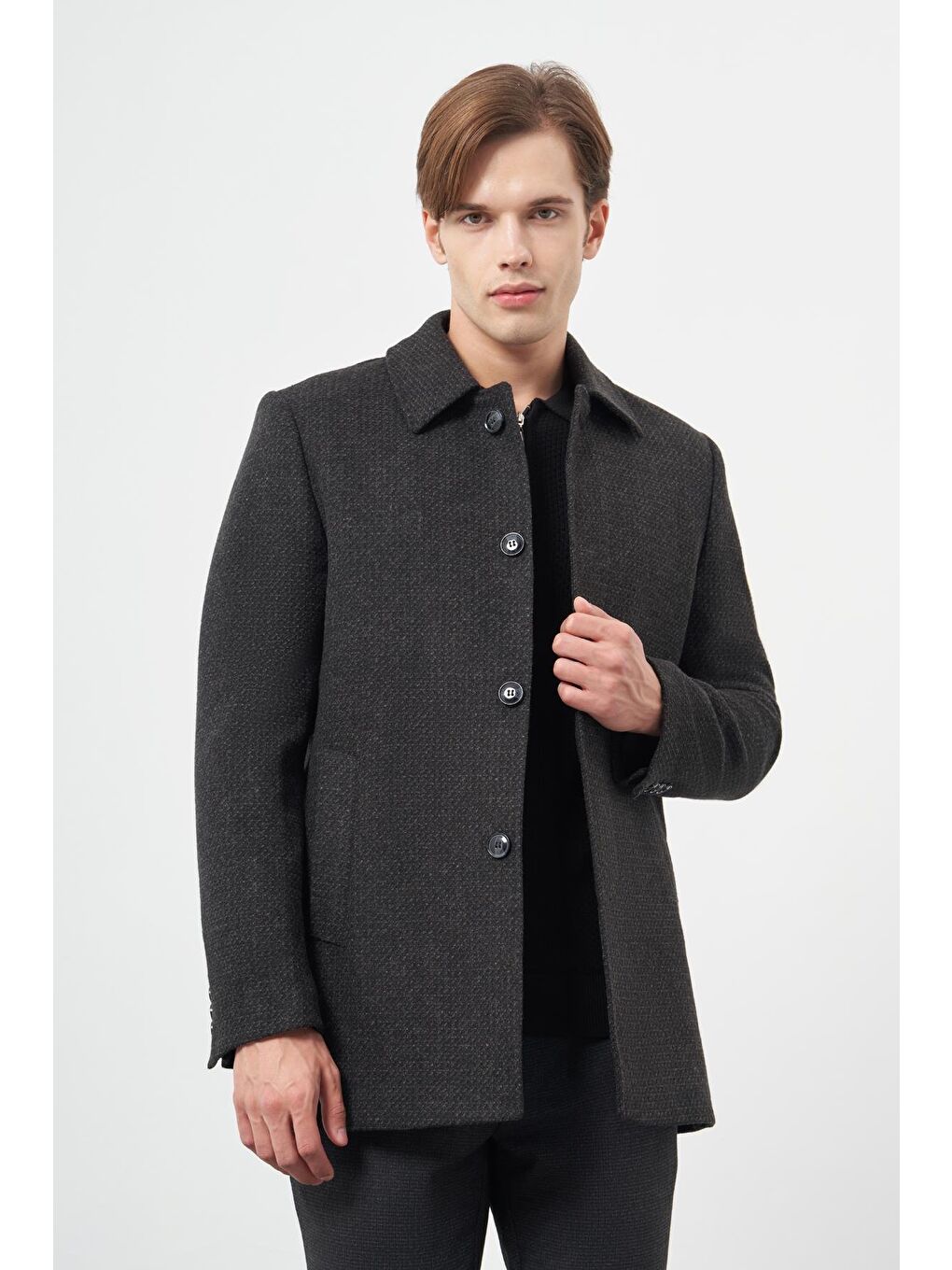 Koyu Antrasit Kaşe Bebe Yaka Kendinden Sırt Kapitoneli Astar Comfort Fit Classic Kaban 1008245154-2