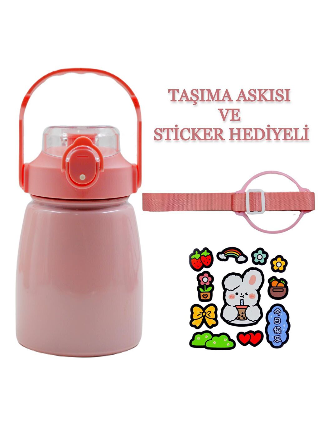 BottleBoss Pipetli Taşıma Askılı Sızdırmaz Paslanmaz Çelik Matara 850 Ml Sticker HEDİYELİ Pembe - 1