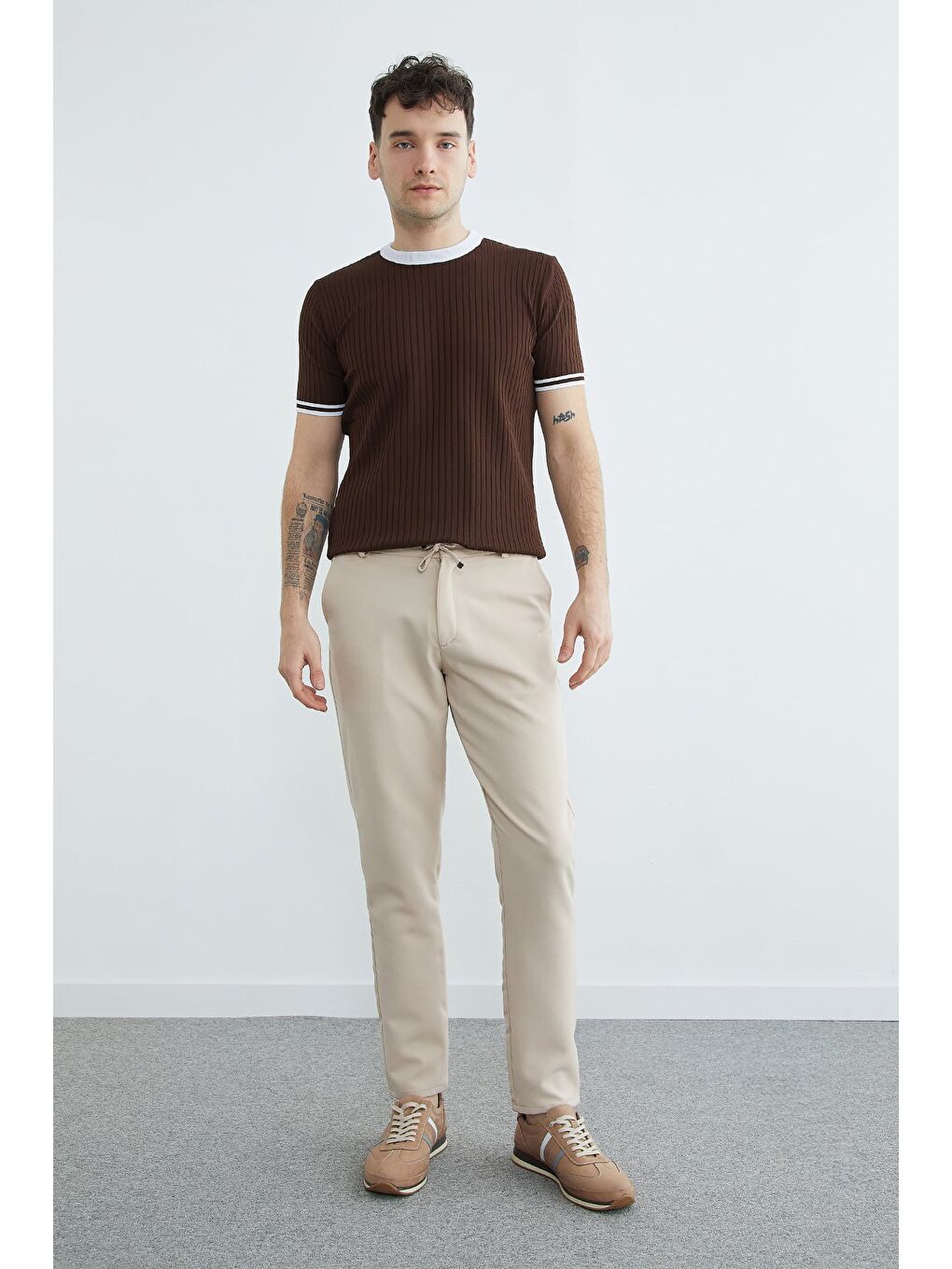 Bej Beli Lastikli Jogger Pantolon-2