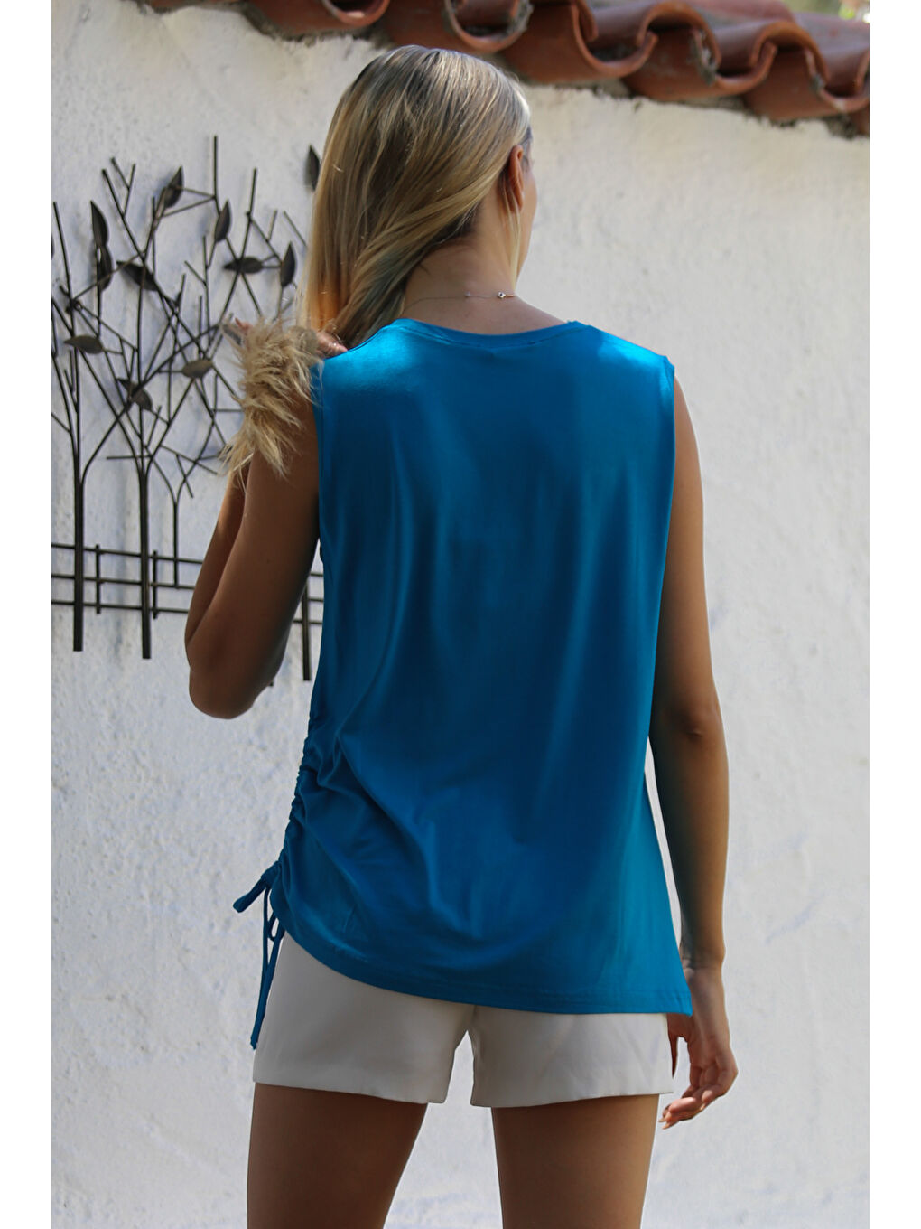 Turkuaz V Yaka Kolsuz Yanları Büzgülü Örme Casual Bluz-7