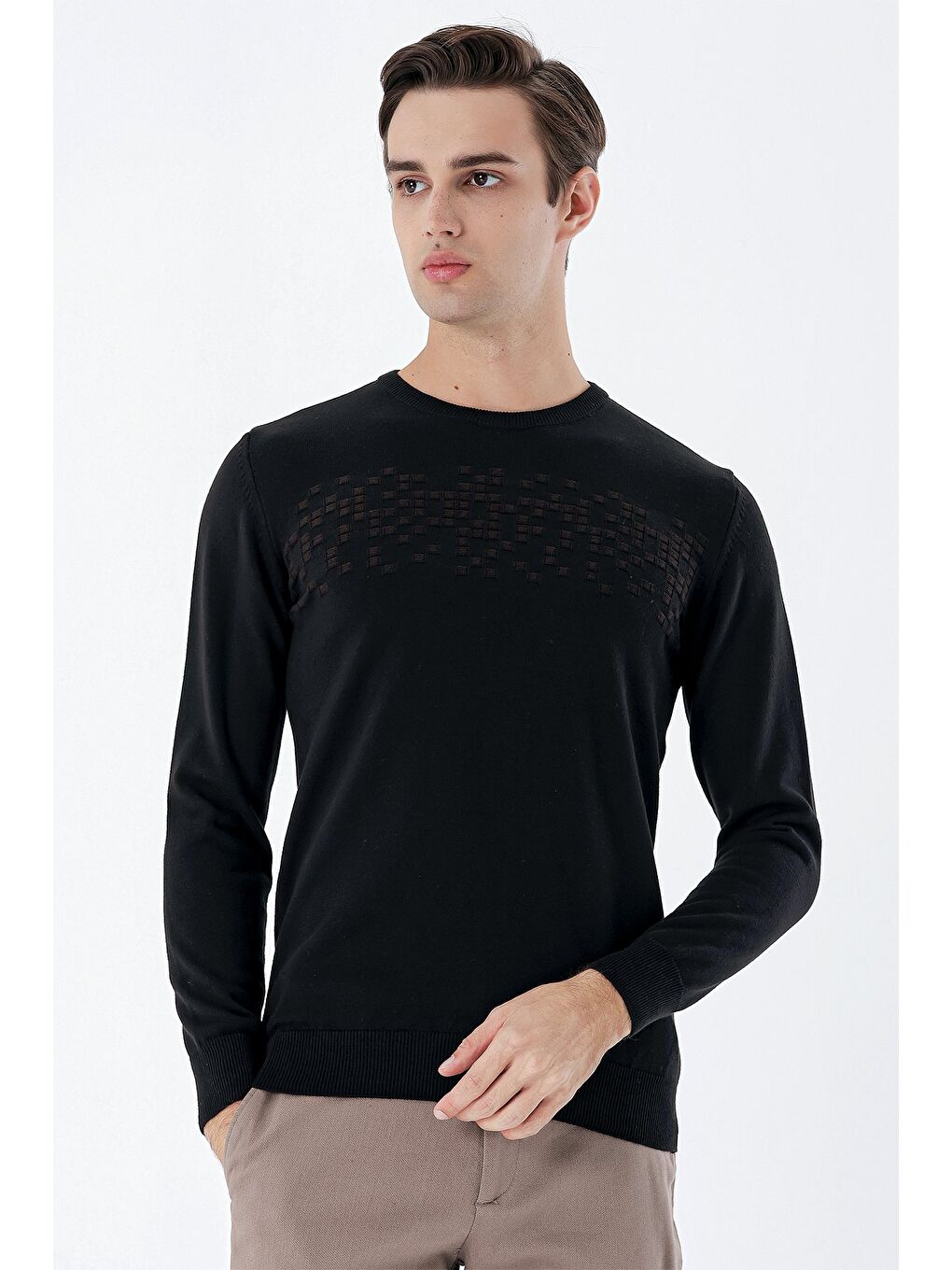 Siyah Uzun Kollu Desenli Bisiklet Yaka Pamuklu Klasik Comfort Fit Triko 1012235158