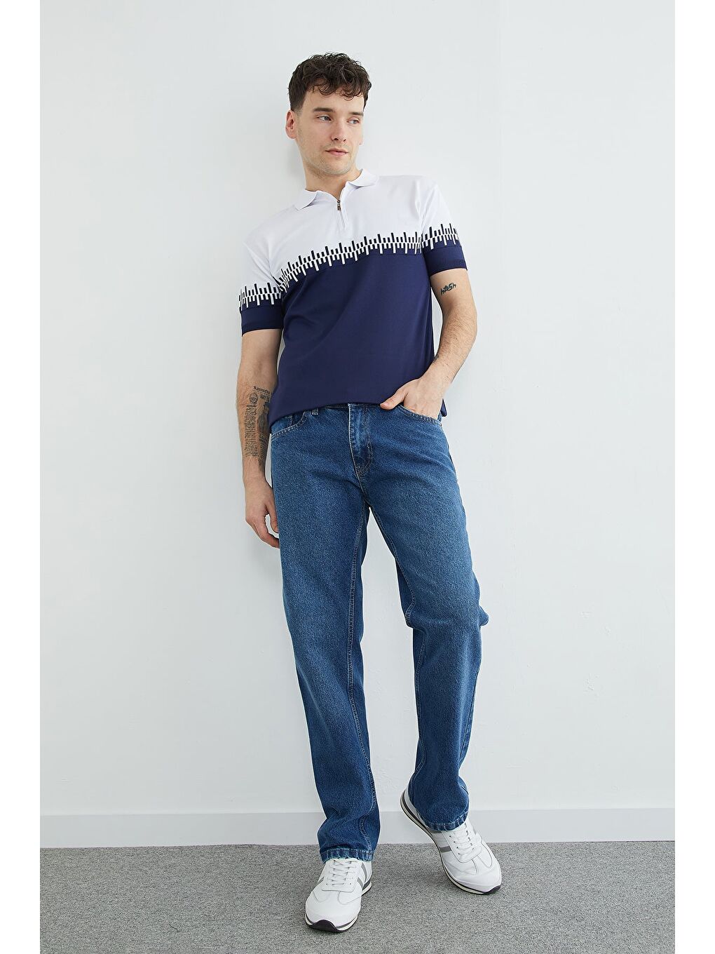 Lacivert Yarım Fermuarlı Polo Yaka Triko Tişört-1