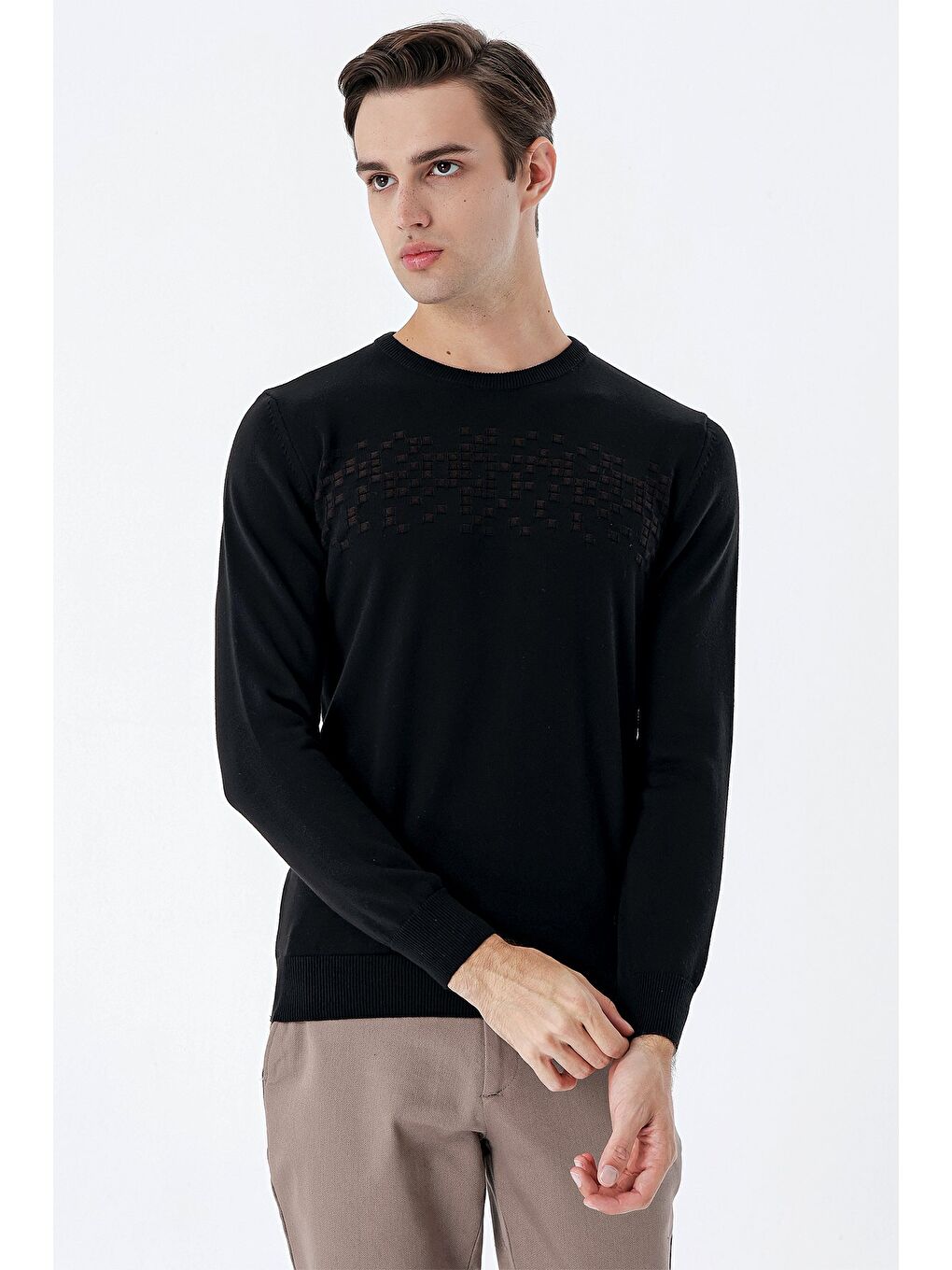 Siyah Uzun Kollu Desenli Bisiklet Yaka Pamuklu Klasik Comfort Fit Triko 1012235158-1