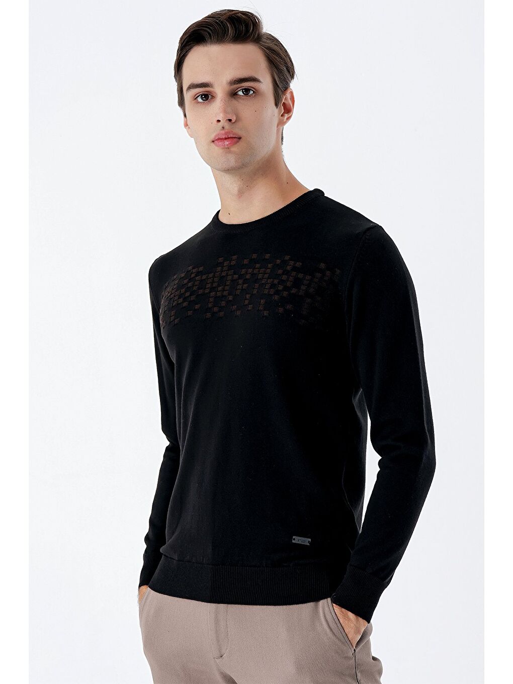 Siyah Uzun Kollu Desenli Bisiklet Yaka Pamuklu Klasik Comfort Fit Triko 1012235158-2