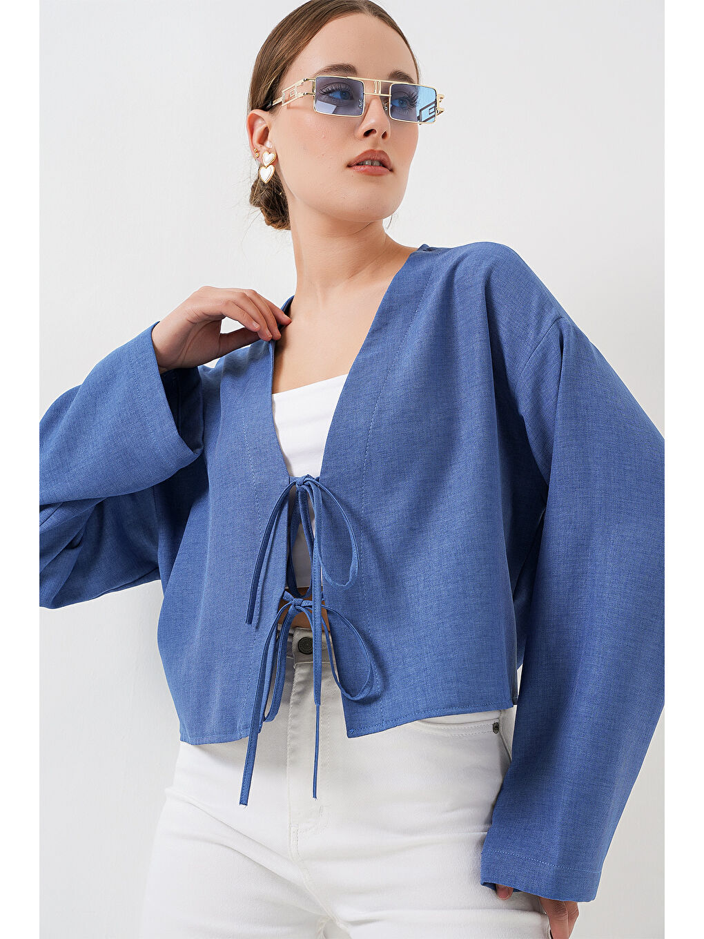 Önü Bağlamalı Keten Kimono 960 - İndigo-1