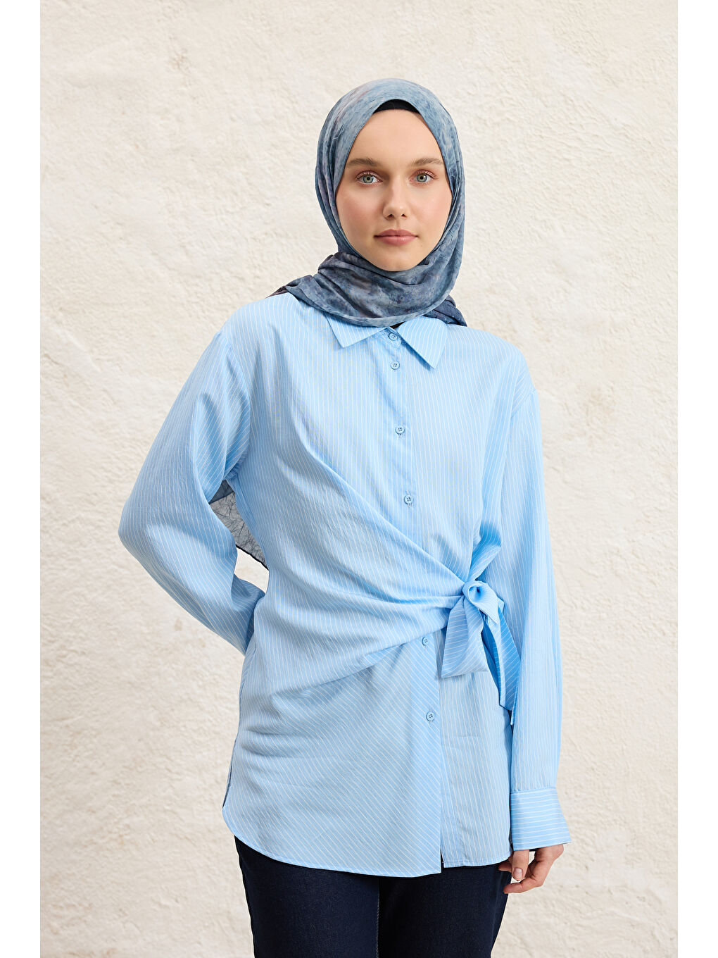 Vela Desenli Pamuk Şal Lacivert-3