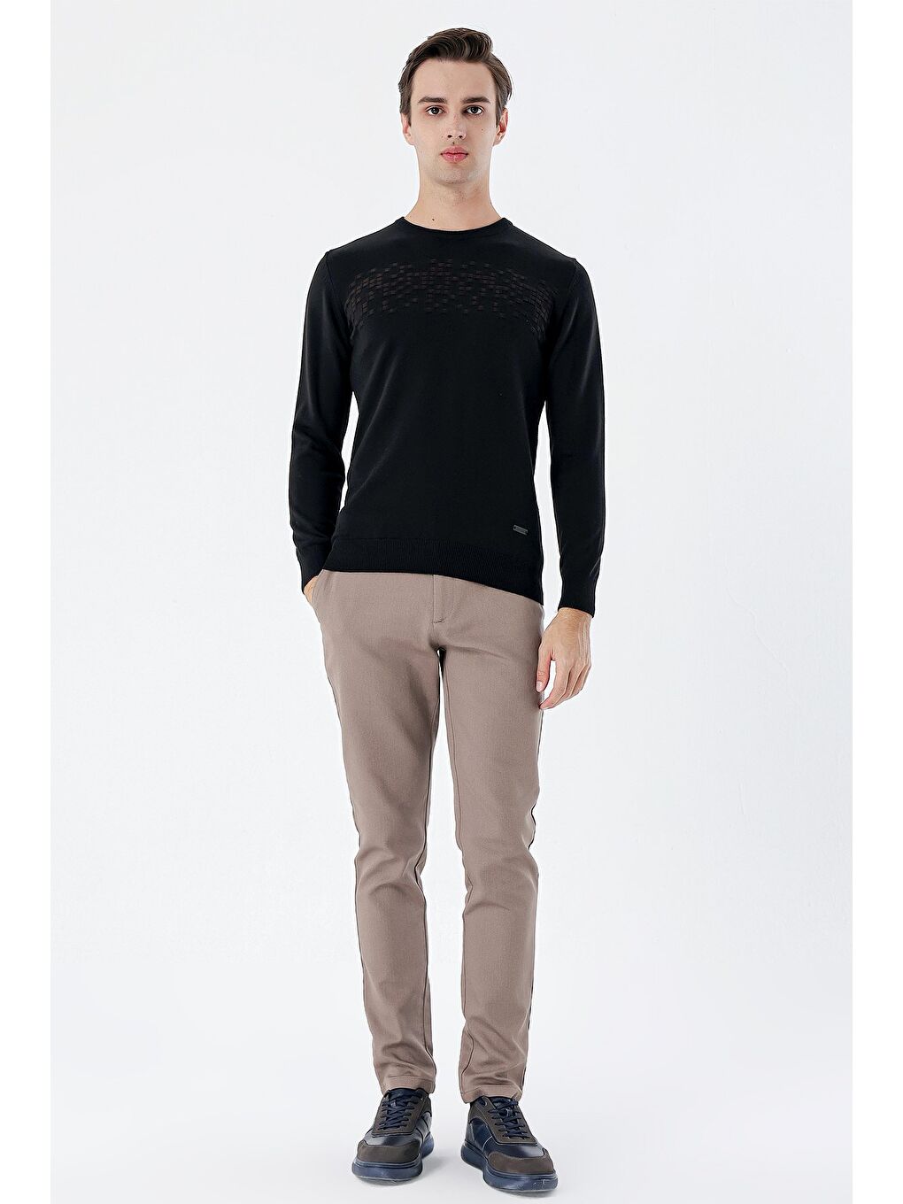 Siyah Uzun Kollu Desenli Bisiklet Yaka Pamuklu Klasik Comfort Fit Triko 1012235158-3