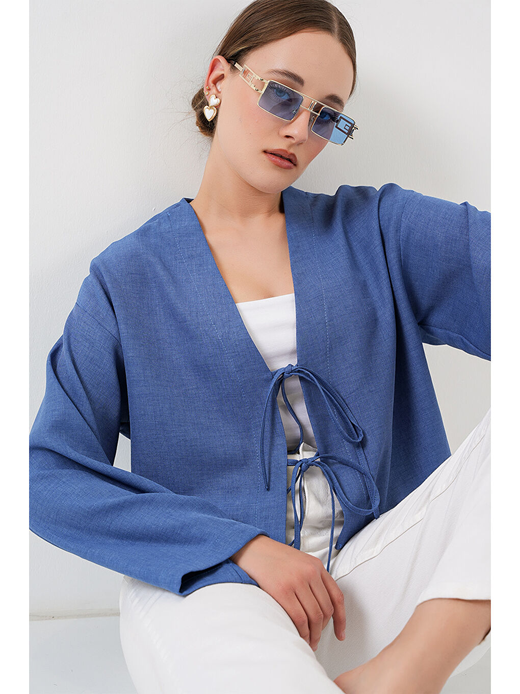 Önü Bağlamalı Keten Kimono 960 - İndigo-2