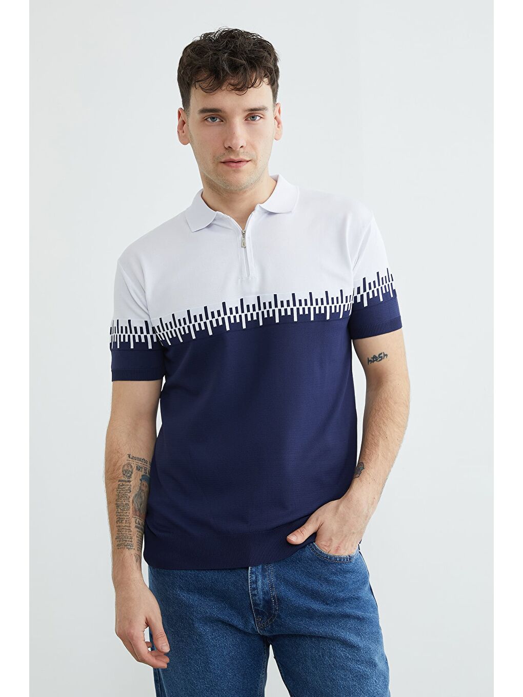 Lacivert Yarım Fermuarlı Polo Yaka Triko Tişört-2