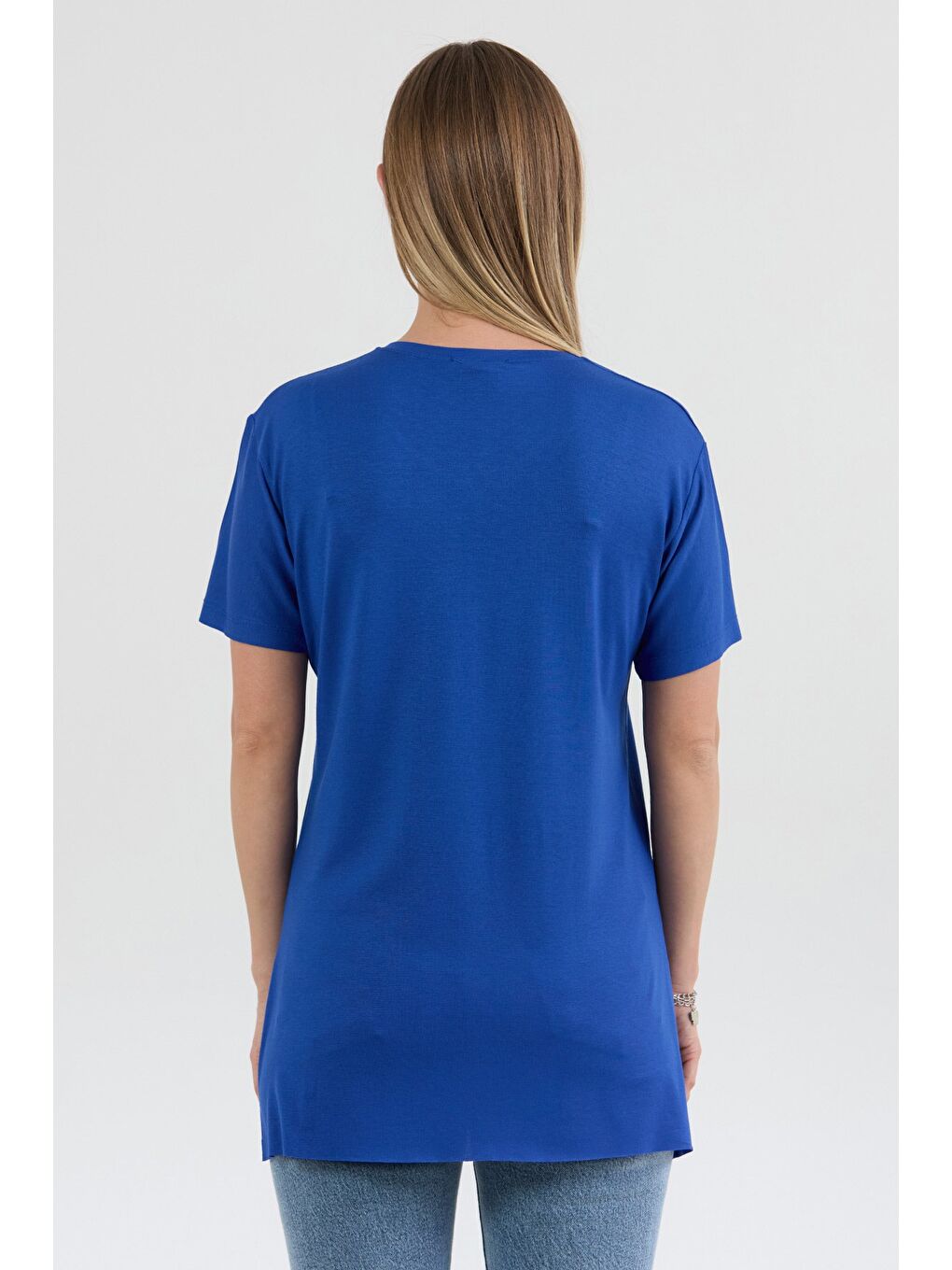 Mavi Basic V Yaka Yanları Yırtmaçlı Elastanlı Salaş Tişört-3