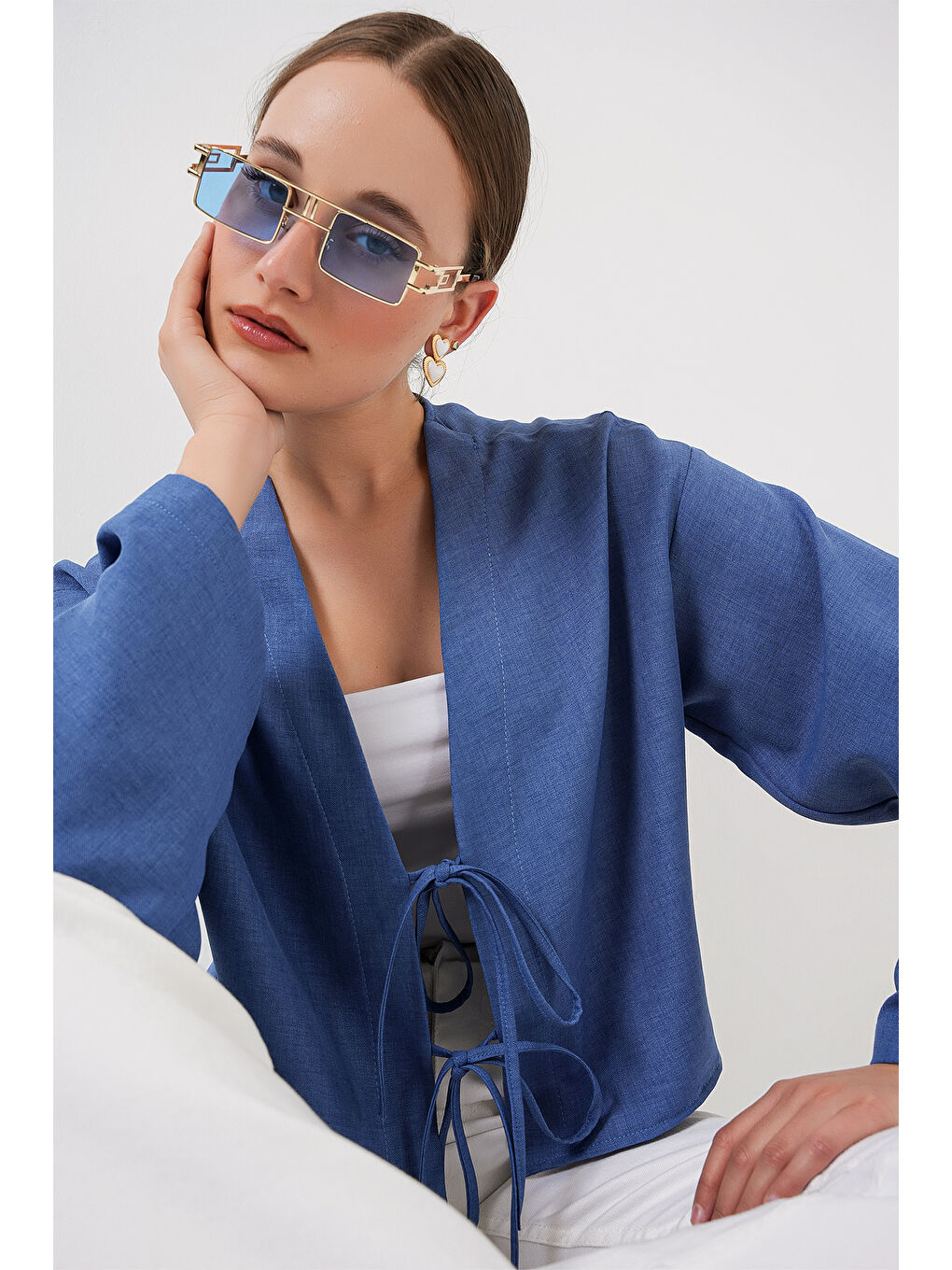 Önü Bağlamalı Keten Kimono 960 - İndigo-3