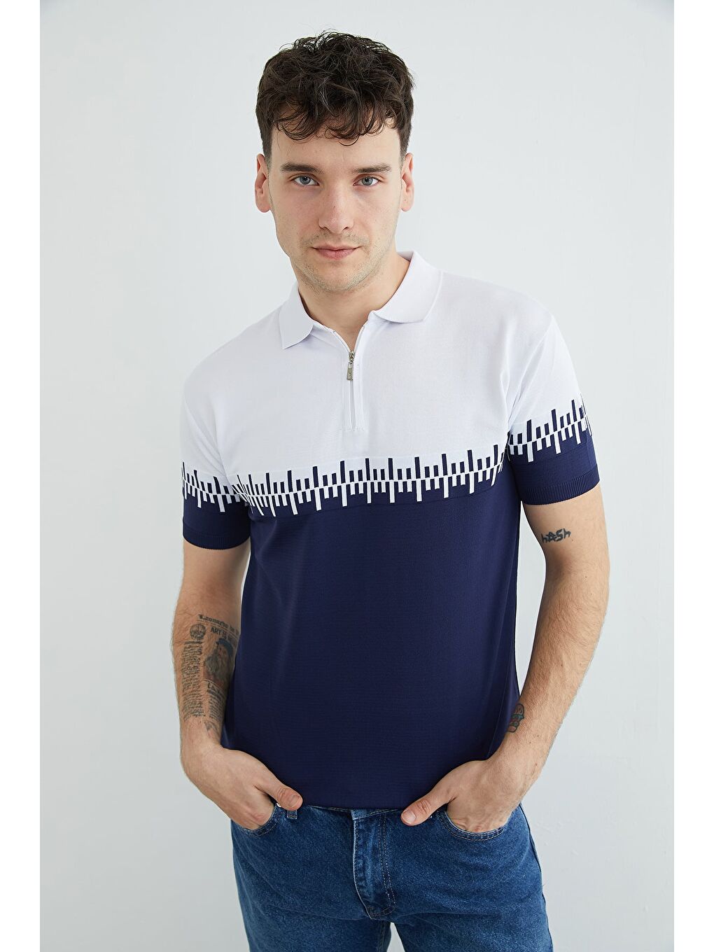 Lacivert Yarım Fermuarlı Polo Yaka Triko Tişört-3